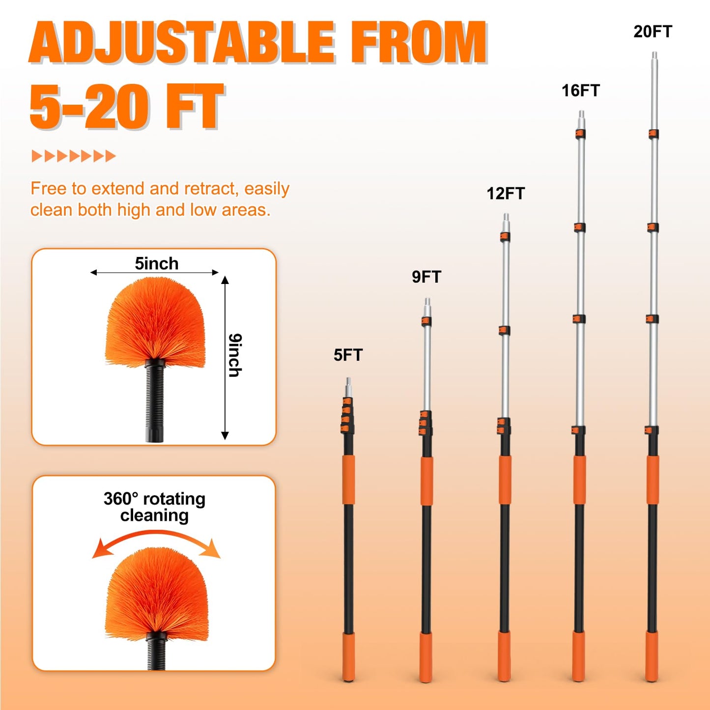 LAANPOLE 20FT Cobweb Duster with Extension Pole, Spider Web Brush for Cleaning Extendable, Professional Ceiling and Corner Dusters for Outdoor Indoor Use