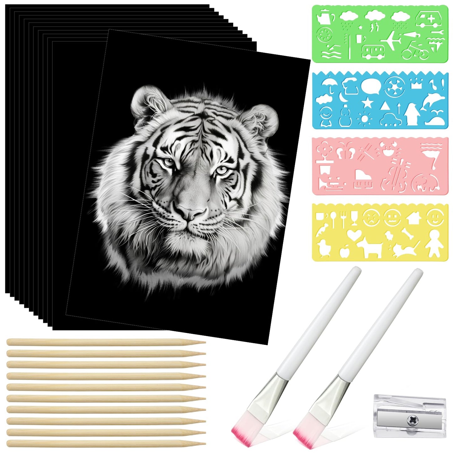 Noveread 200 Sheet Scratch Paper Art Set 8.5 x 11 Inch Black Coated Scratchboard Black Scratch Paper with Wooden Stylus and Stencils DIY Scratch Painting Art Paper for Adults