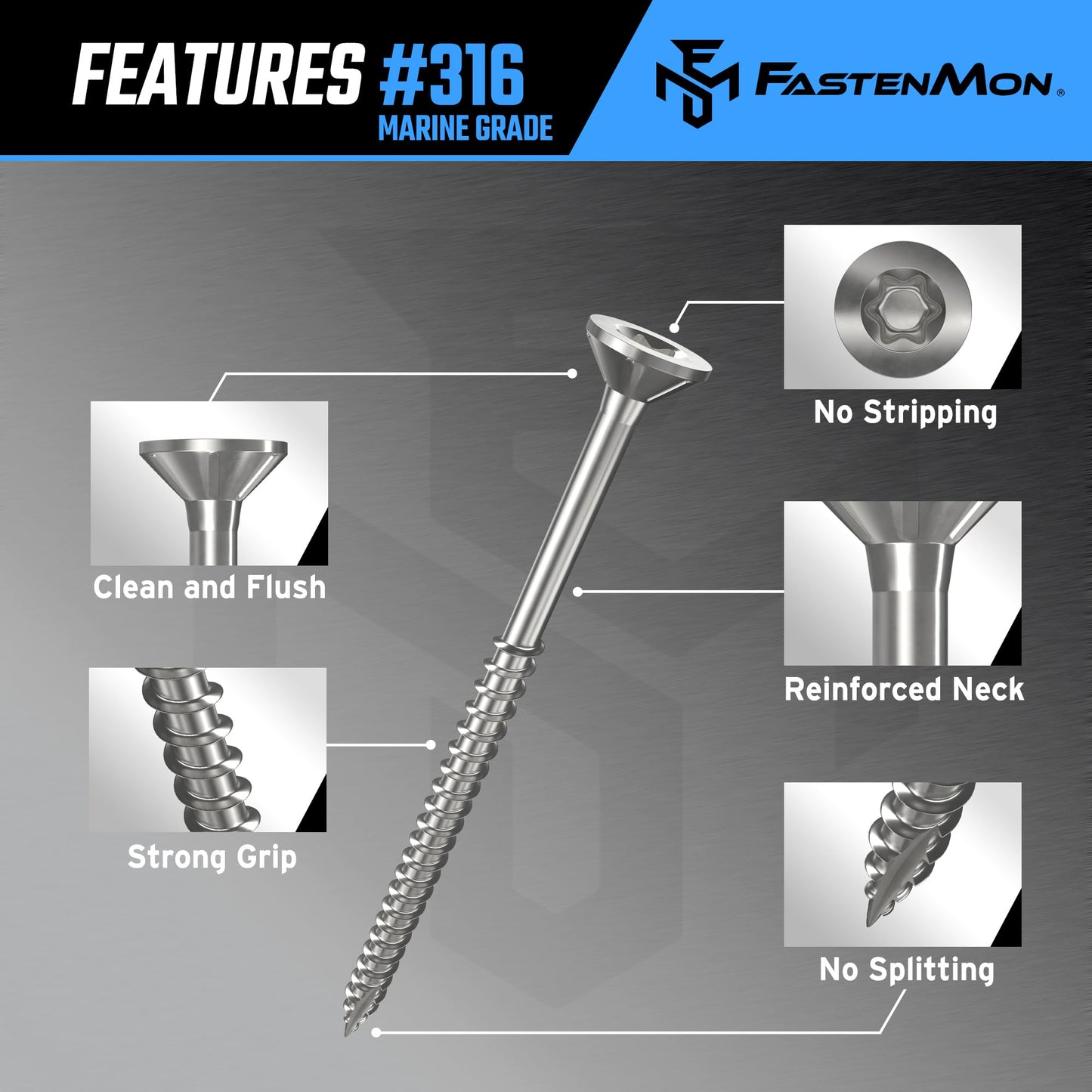 FM FastenMon #10 x 3 Marine Grade Type 316 Stainless Steel Wood Screws - 300 Pack with T25 Bit – Torx Flat Head Type 17 Point Ideal for Decks, Fences, and Coastal Construction