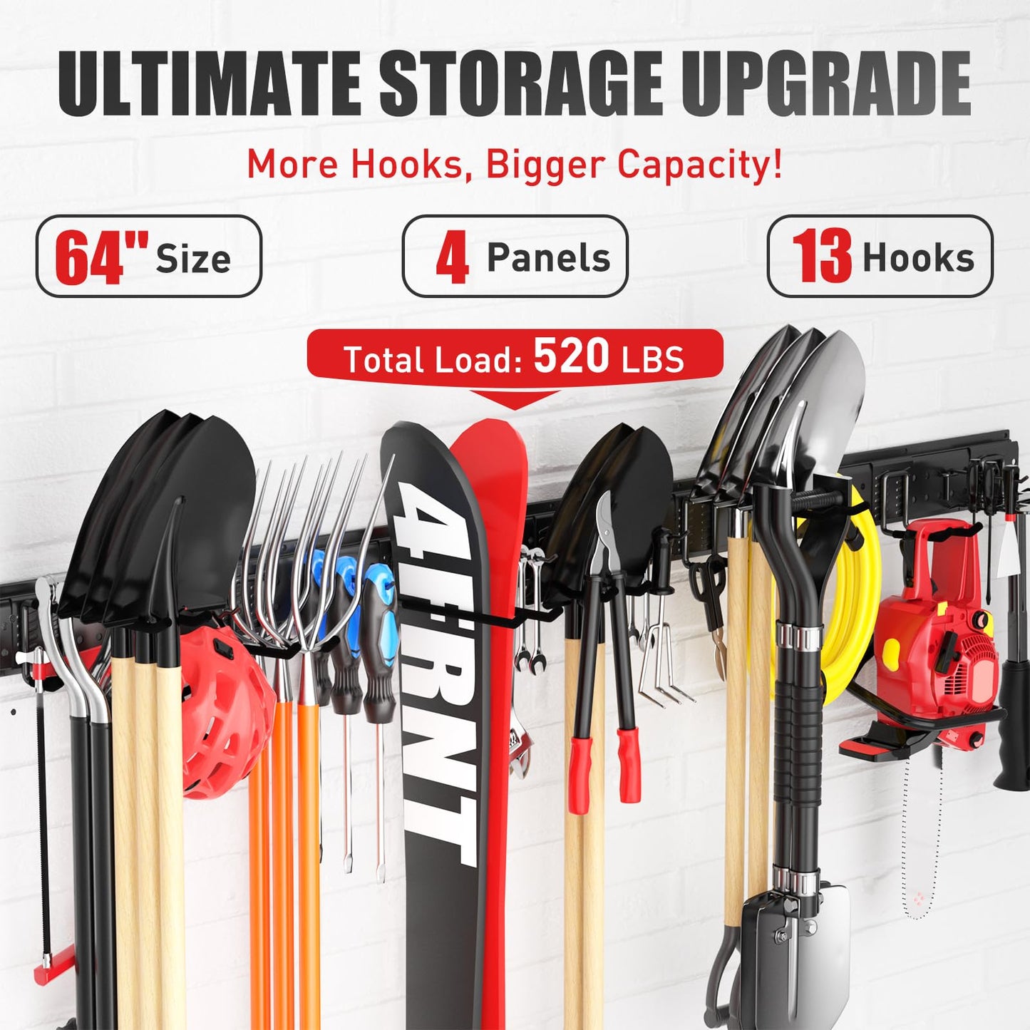 ZICANYCO Garage Tool Organizer Wall Mount 66 inches with 13 Adjustable Heavy-Duty Hooks, Garage Organization, Garden Tool Storage Rack, Yard, and Shed, Holds Up to 520 lbs