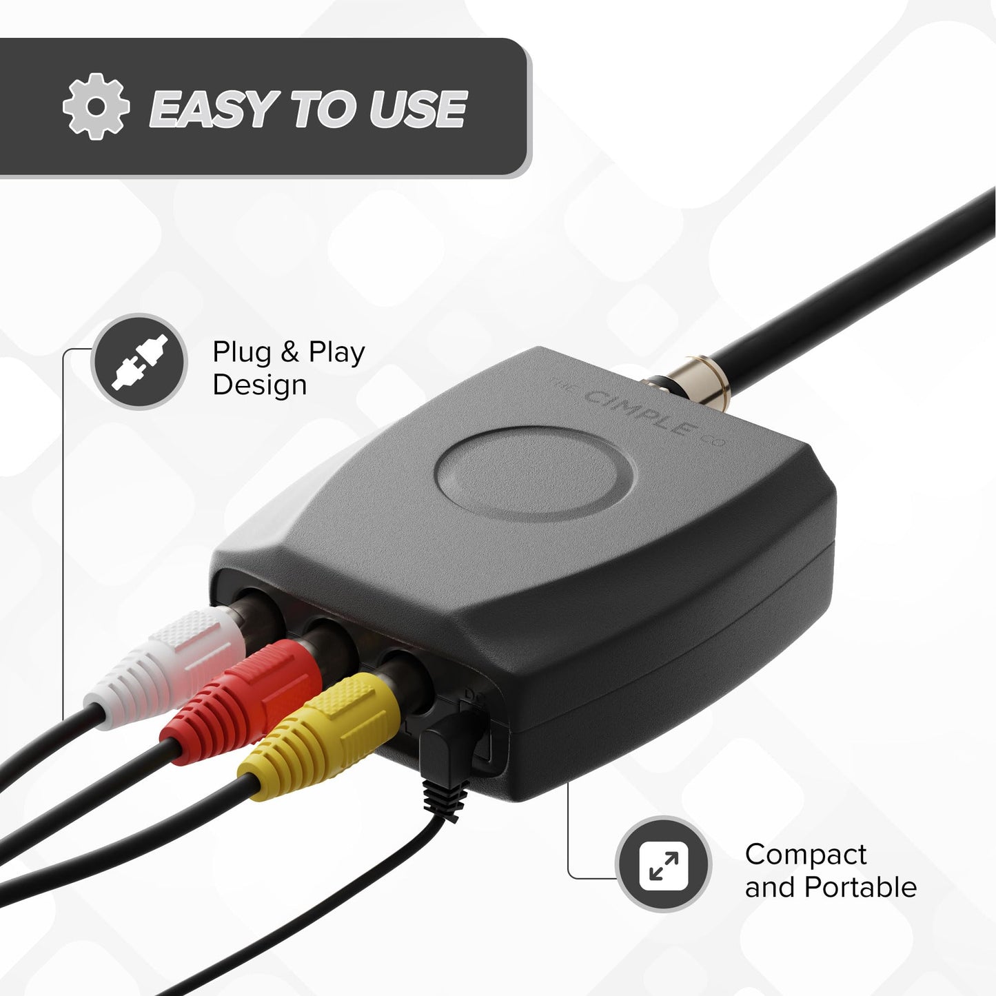 THE CIMPLE CO - RF Modulator, RCA Composite to RF Coaxial Adapter, Converts Standard Definition Signals to Coax, Watch DVD, VHS, Game Consoles on TV, Includes A/V Cable