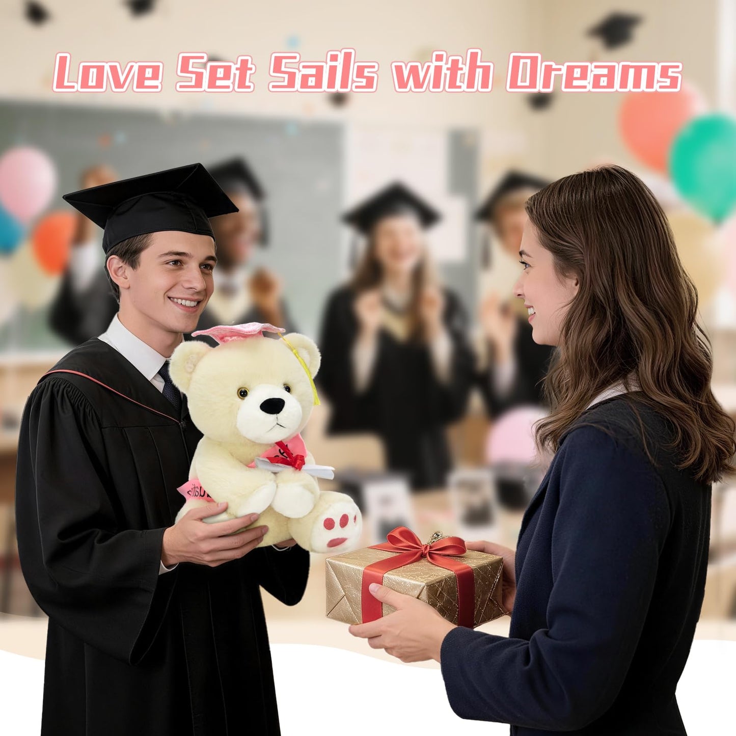 MorisMos Graduation Teddy Bear Stuffed Animal 2026, 12inch Graduation Bear Plush with Cap, Diploma and Congrats Sash, Graduation Gift for Graduates Kindergarten Middle School College, Beige, Pink