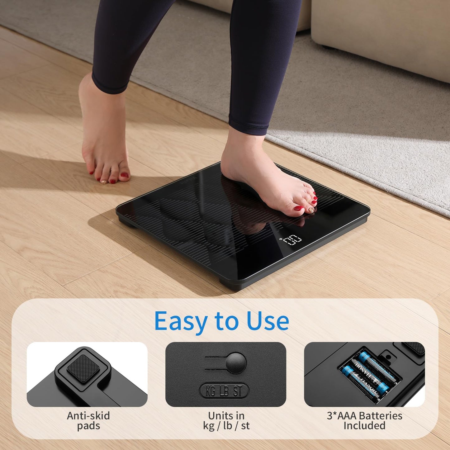 Vitafit FSA&HSA 660lb Weight Scale, Accuracy 0.1lb by Our Professional Scale Factory Since 2001,Smart Digital Scale for Body Weight BMI via APP, 8mm Non-Slip Tempered Glass 12.4" x 12.4",3xAAA, Black