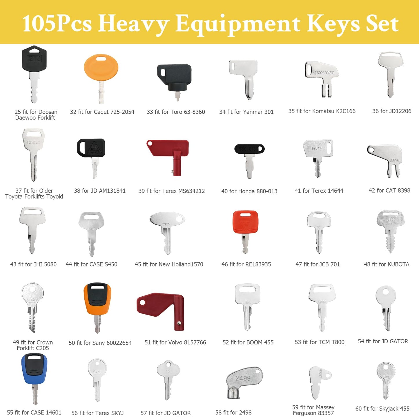 105PCS No-Duplicate Heavy Equipment Keys Master Set for Caterpillar Cat John Deere Komatsu Volvo Bobcat Kubota JCB Case Hyster Yanmar Daewoo Takeuchi Ford New Holland Construction Machine