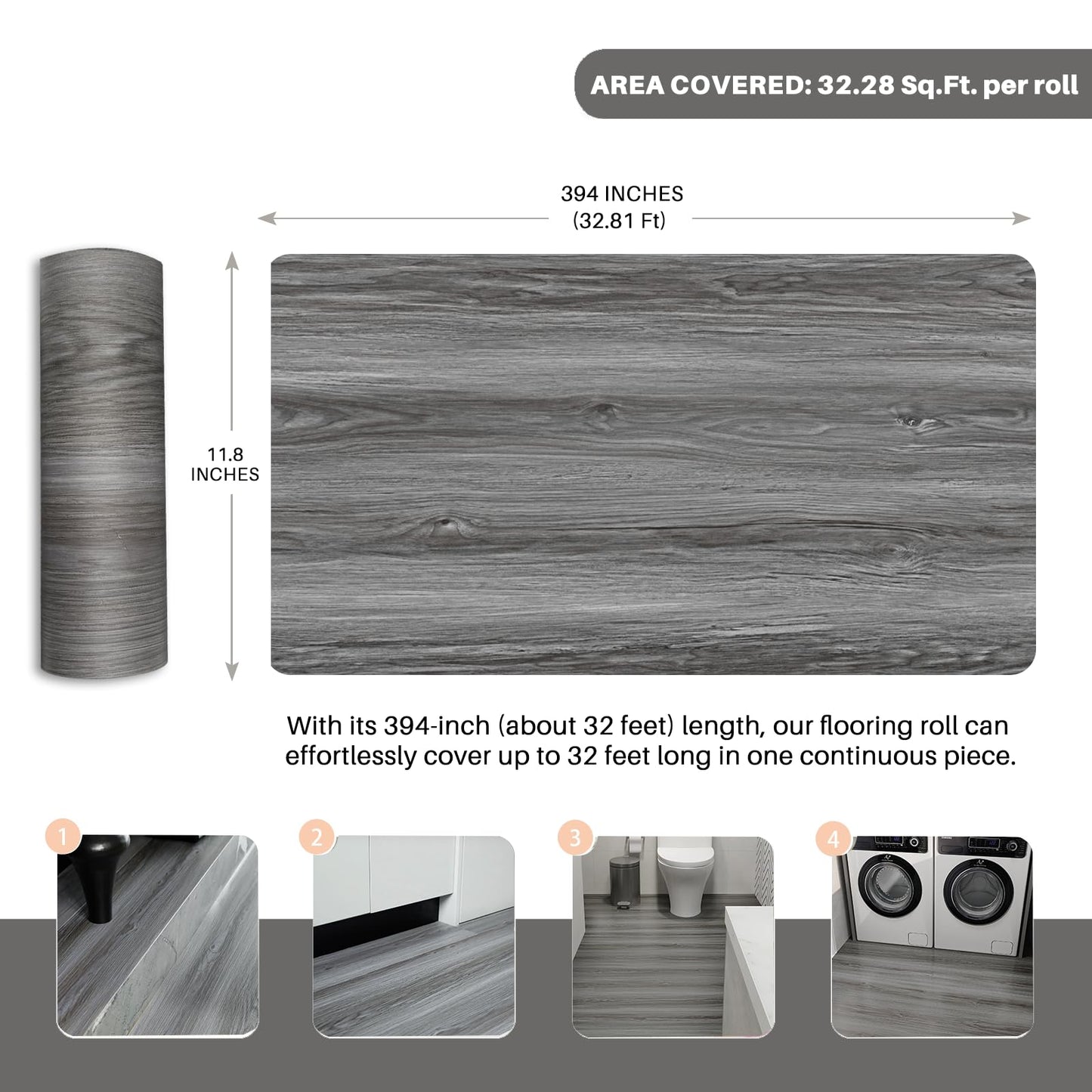 auxua Wood Grain Peel and Stick Floor Tiles – 11.8” Width, Full Roll Length of 394" – Versatile Design for Any Space, Grey Self Adhesive Vinyl Flooring, Waterproof and Non-Slip Features