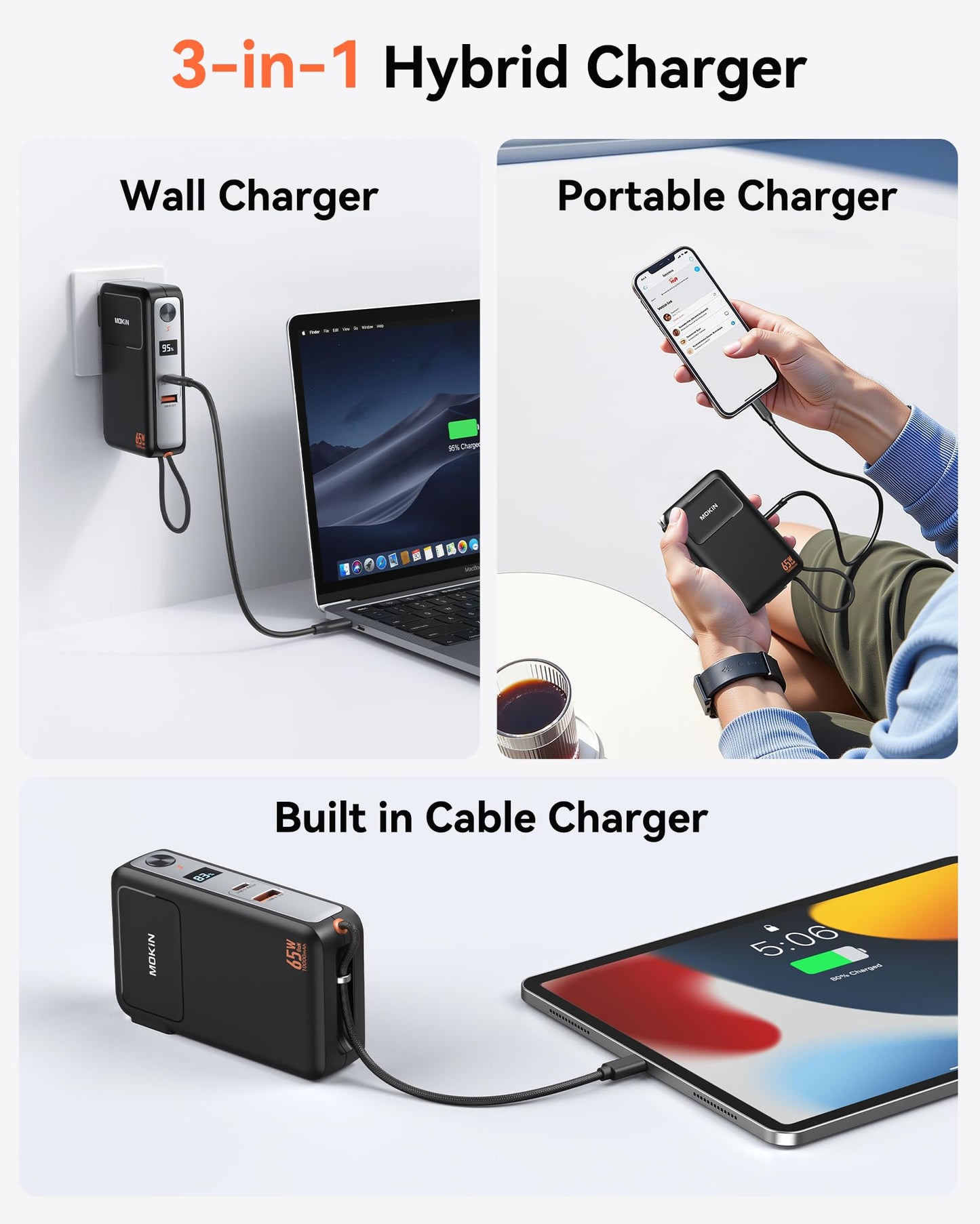 3-in-1 Power Bank with 65W Wall Charger,10000mAh 35W Portable Charger with Built in USB C Cable, 2 Outputs, Foldable AC Plug, Smart Digital Display, Fast Charging Battery Pack for iPhone,Laptop,iPad