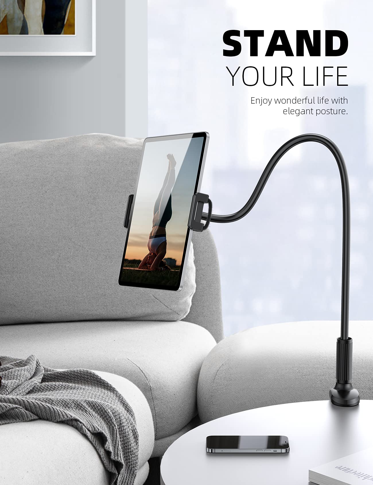 Lamicall Gooseneck Tablet Mount Holder for Bed - Flexible Tablet Arm Clamp for Bed Compatible with Pad Mini 7.9, Air 9.7, Pro 10.5, Kindle, Switch, Galaxy Tabs, More 4.7-11" Device - Black