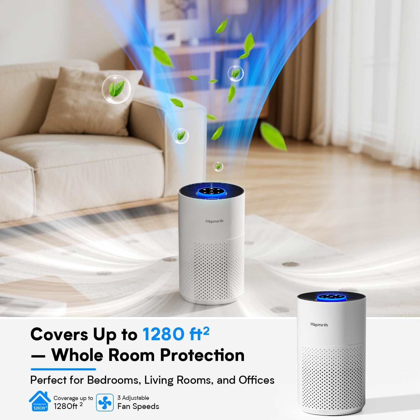 Hopmirth Upgraded Air Purifiers for Bedroom & Home with H14 True HEPA Filter, Covers Up to 1280ft², 360° Air Intake, Quiet Pet Air Purifier, Fragrance & Timer,Removes Smoke, Pet Dander & Pollen,White