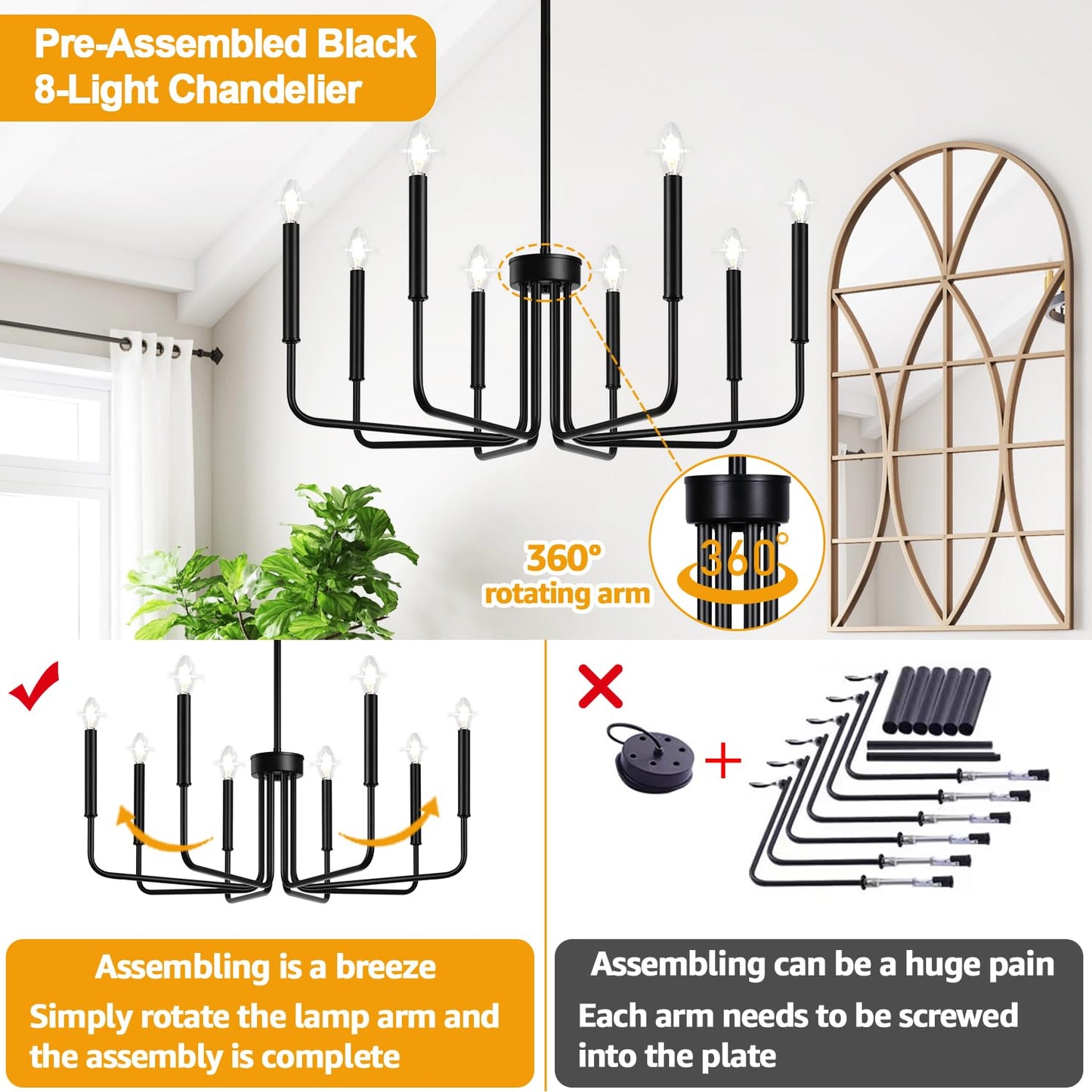 Lynnoland Black 8-Light Chandelier, Farmhouse Chandelier for Dining Room Lighting Fixtures Hanging, Vintage Candle Pendant Light Fixtures Chandelier for Bedroom, Foyer and Living Room
