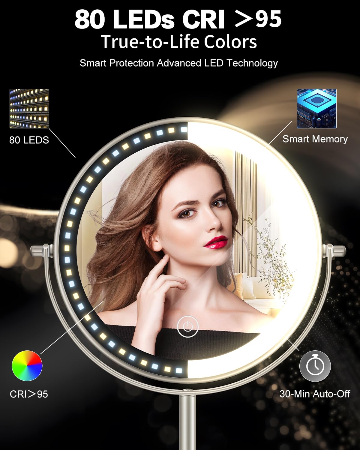 VFD 30X/1X Makeup Mirror with Lights, Height Adjustable Lighted Magnifying Vanity Mirror with 3 Lighting and Adjustable Brightness, 3000mAh Rechargeable Double Sided Switch for Desk Women Gift