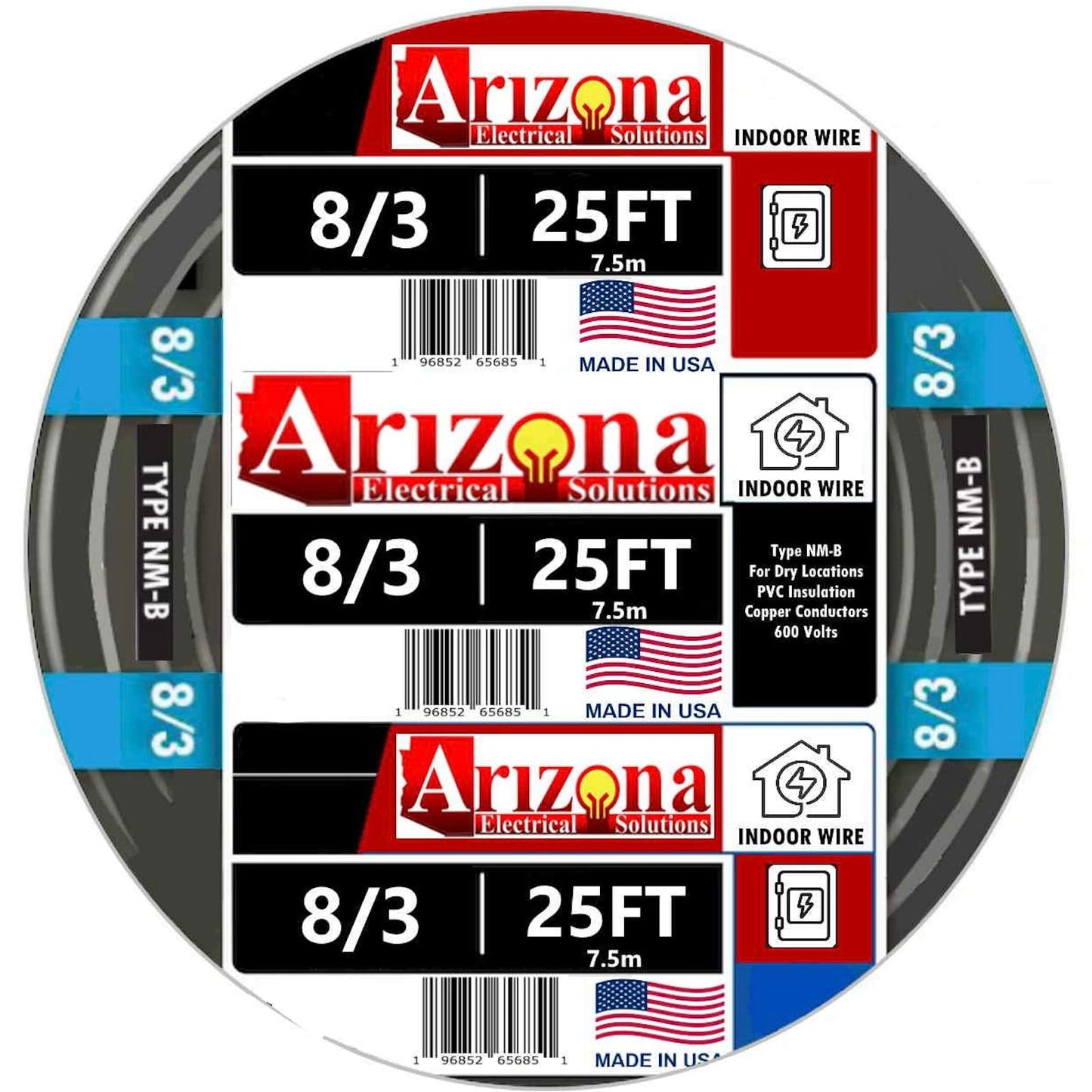 8/3 Type NM-B Copper. #8 AWG, 3 Conductor with Ground. Insulated Jacket Black (25 FEET)