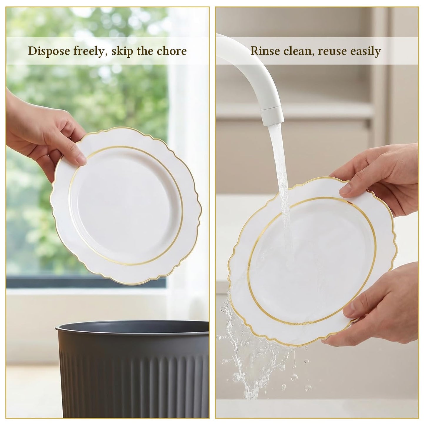 realluck 100PCS White and Gold Plastic Plates, Elegant Disposable Party Plates - 50 Dinner & 50 Dessert Plates, fancy plastic plates for Wedding, Anniversary
