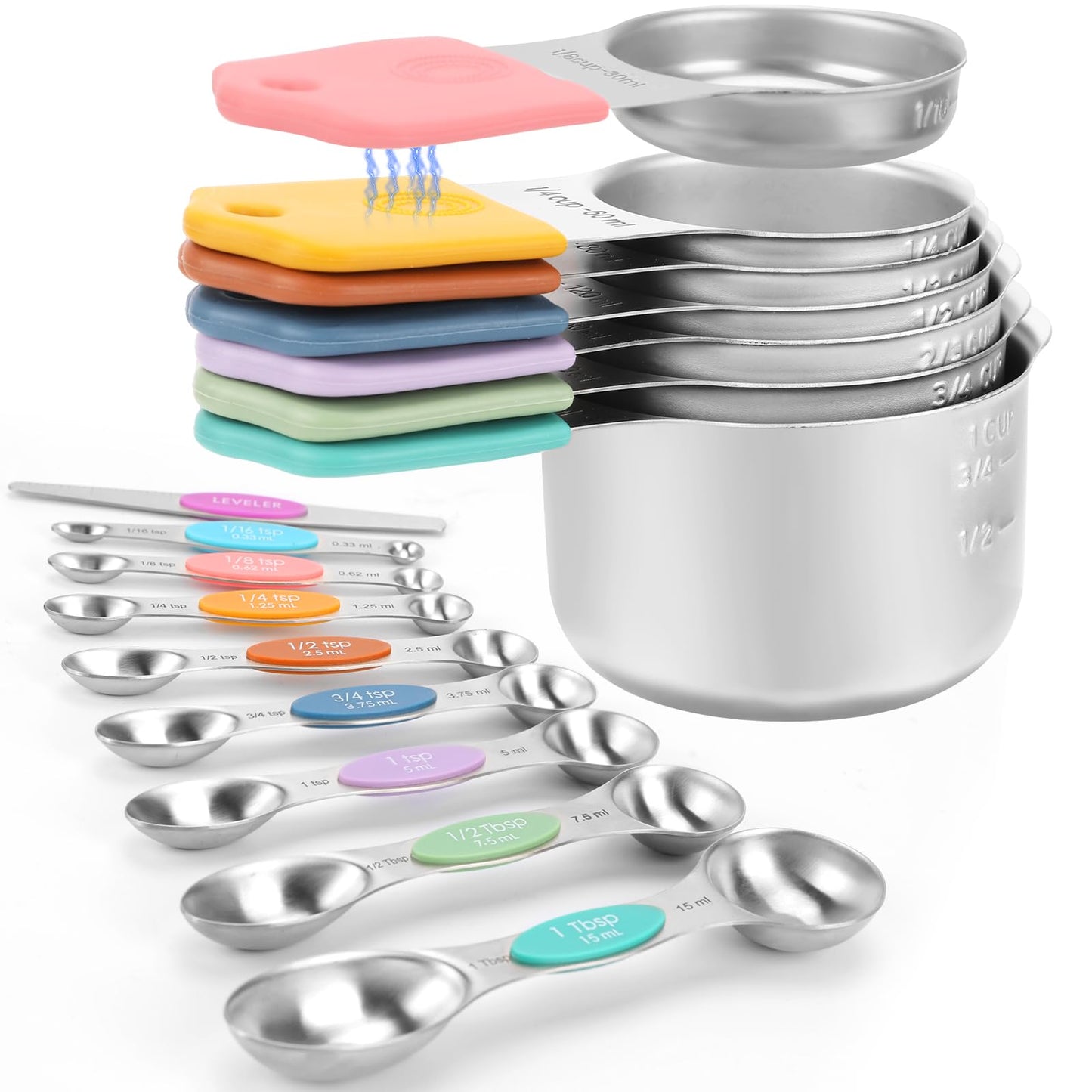 Magnetic Measuring Cups and Spoons Set-Heavy Duty 304 Stainless Steel，Double Measurement Markings，Set of 16 with Leveler for Measure Dry and Liquid Ingredients
