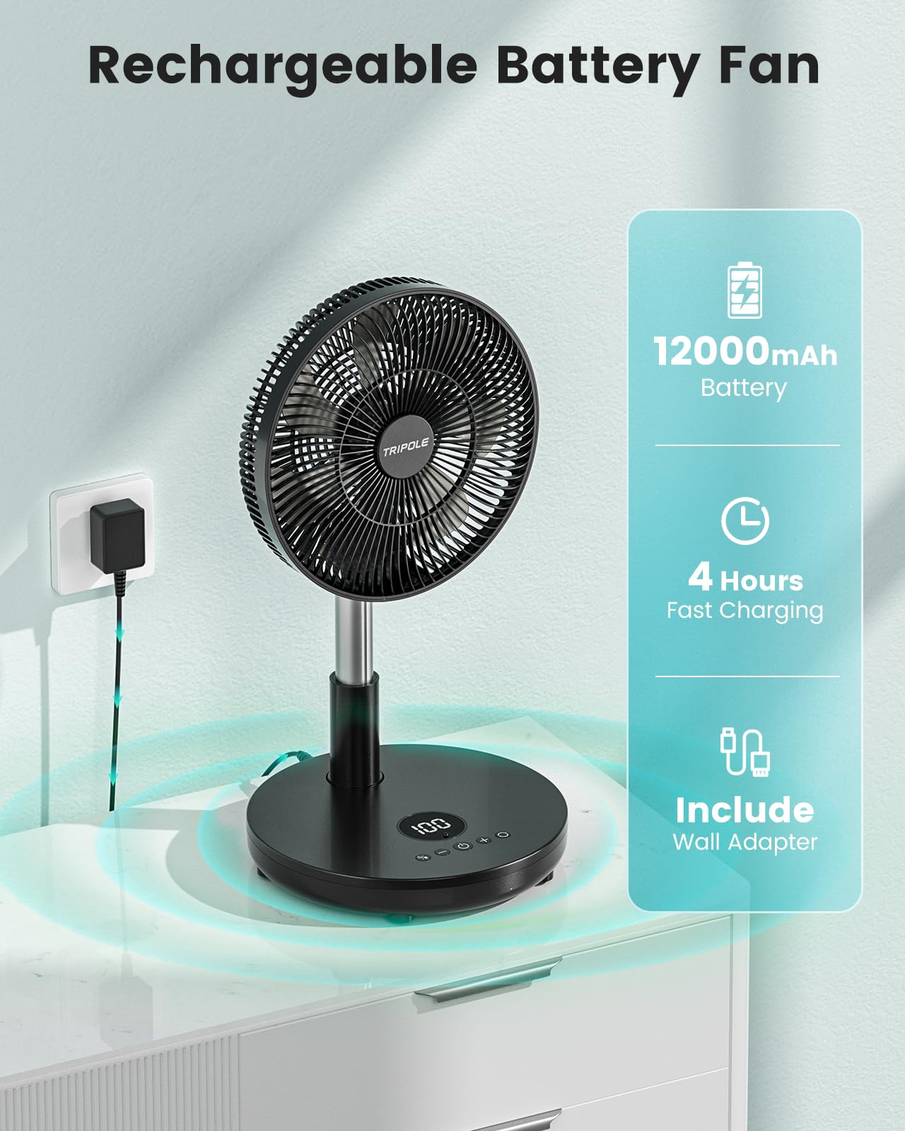 TriPole Foldable Standing Fan 12" Portable Rechargeable Battery Pedestal Fan with Remote, Timer Setting, Height Adjustable, for Home Office, 6 Speed, 12000mAh (Black)