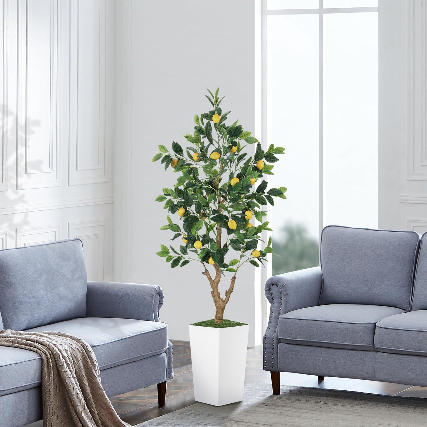 PHYTREE 5FT Artificial Lemon Tree with Pot - 60" Fake Lemon Tree with White Tall Planter, Faux Lemon Plant with Realistic Fruits and Silk Leaves, Artificial Plants Indoor for Home Office Kitchen Decor