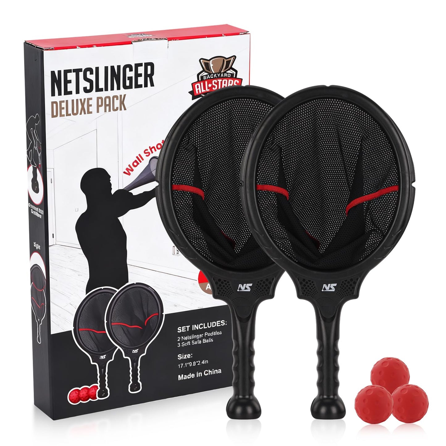 Netslinger Deluxe Pack - Family Party Ball Game, Play Solo or with 2 Players, Perfect for Adults & Teens, Includes 1 Bag, 2 Netslings, 3 Balls