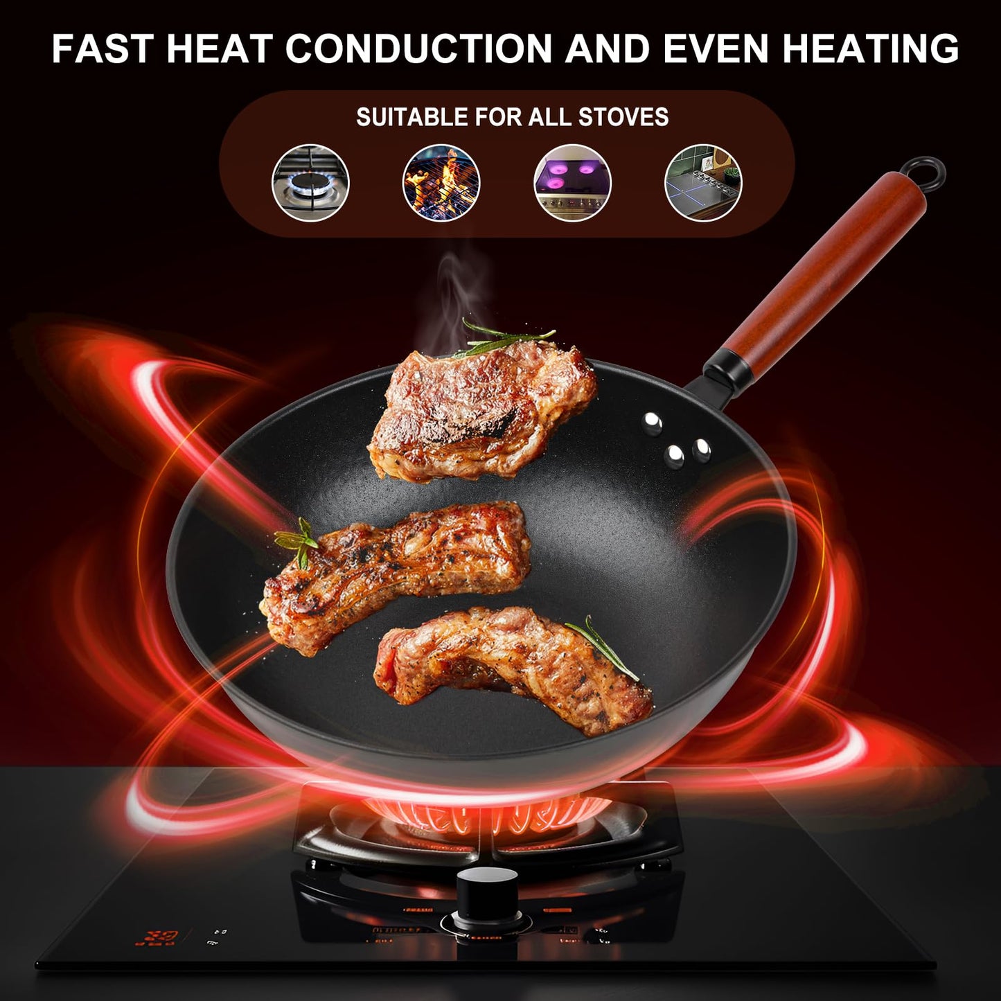 13" Nonstick Wok - Wok Pan with Glass Cover, Carbon Steel Woks & Stir-Fry Pans: Flat Bottom Chinese woks for Electric, Induction, Gas, All Stoves
