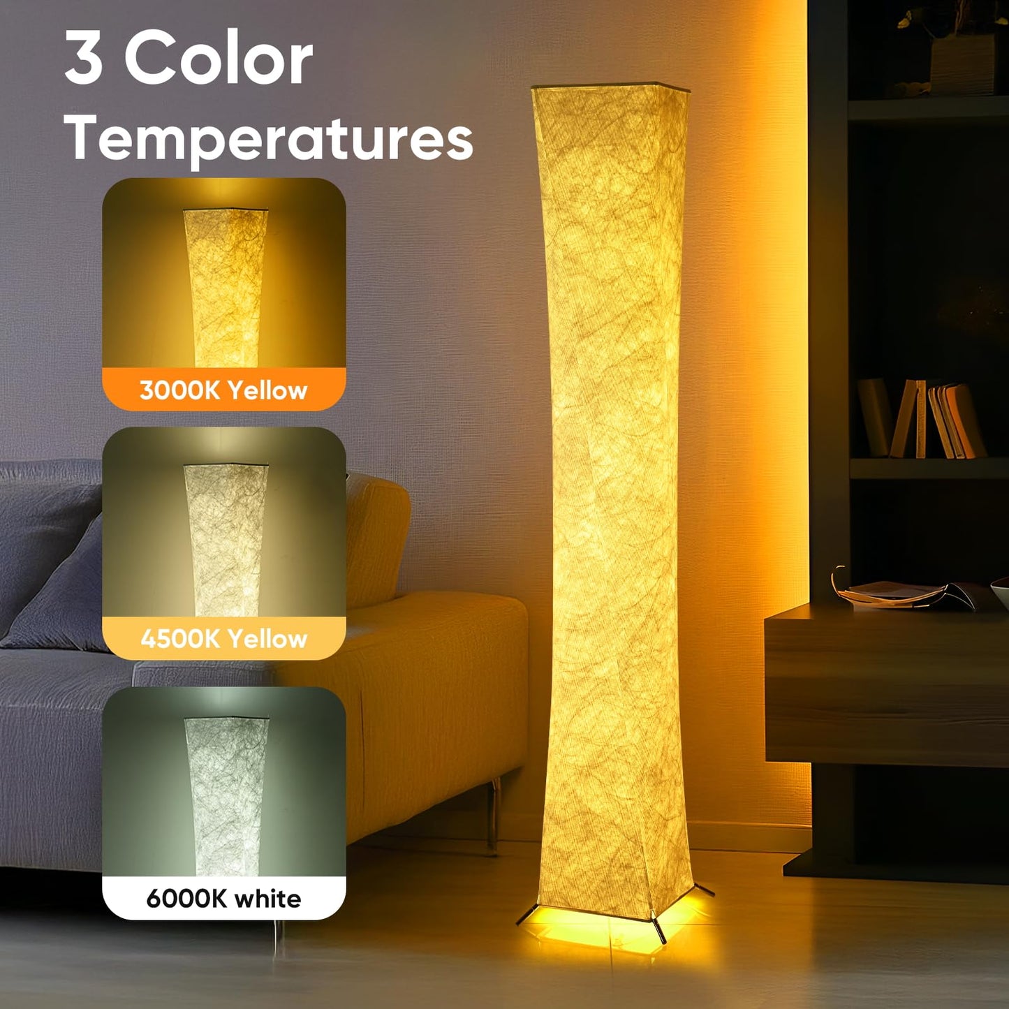 YIEONSHION Modern Floor Lamp with Soft Light, 52 Inch, Remote Control for 3 Colors & Brightness, Energy Efficient LED Tyvek Fabric Shade for Bedroom, Living Room