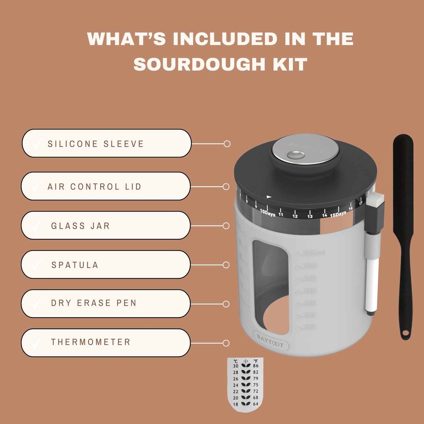 Wide Mouth Sourdough Jar Starter Kit 33 oz - UPGRADED 2026 DESIGN with Reinforced Thick Glass Base - Ideal Sourdough Jar for Fermentation, Airflow Lid, Feeding Marker & Spatula Included (Grey)