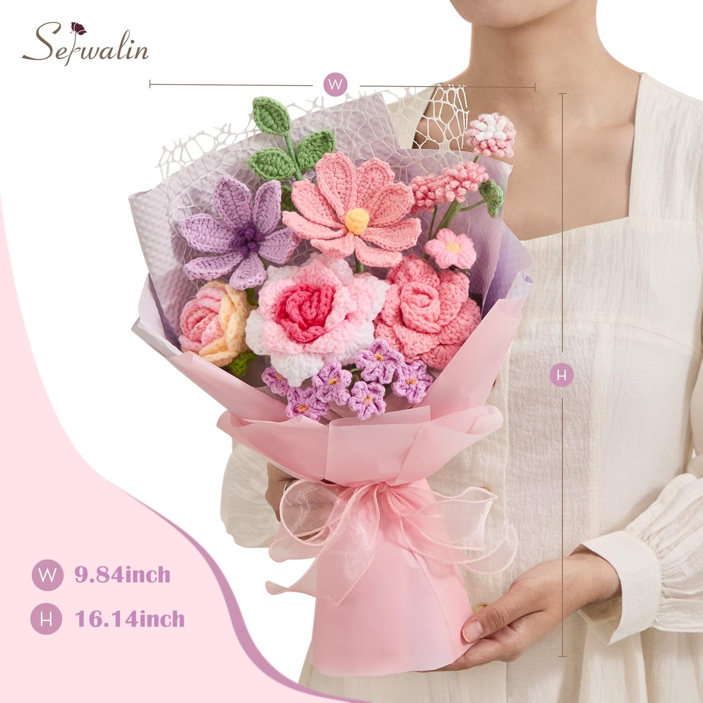 Serwalin Crochet Flower Bouquet,Pink Knitted Flowers,Roses Crochet Flowers for Mother’s Day Lover Wedding Anniversary Birthday Valentine Day Back-to-School or Graduation Ceremonies Gift (with Card)