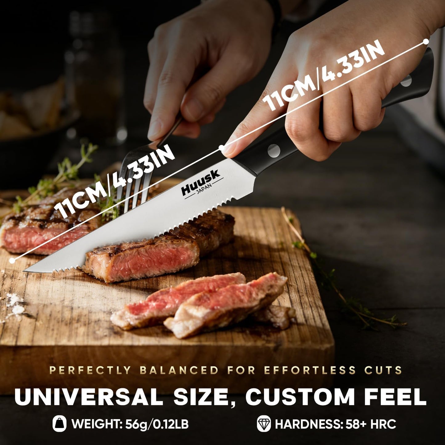 Huusk Steak Knives Set of 6 with Block, Sharp Serrated Steak Knives with Full Tang Handle, Japanese Stainless Steel Stake Knife Set with Drawer Organizer for Kitchen Dinner Table, Gifts for Men Women