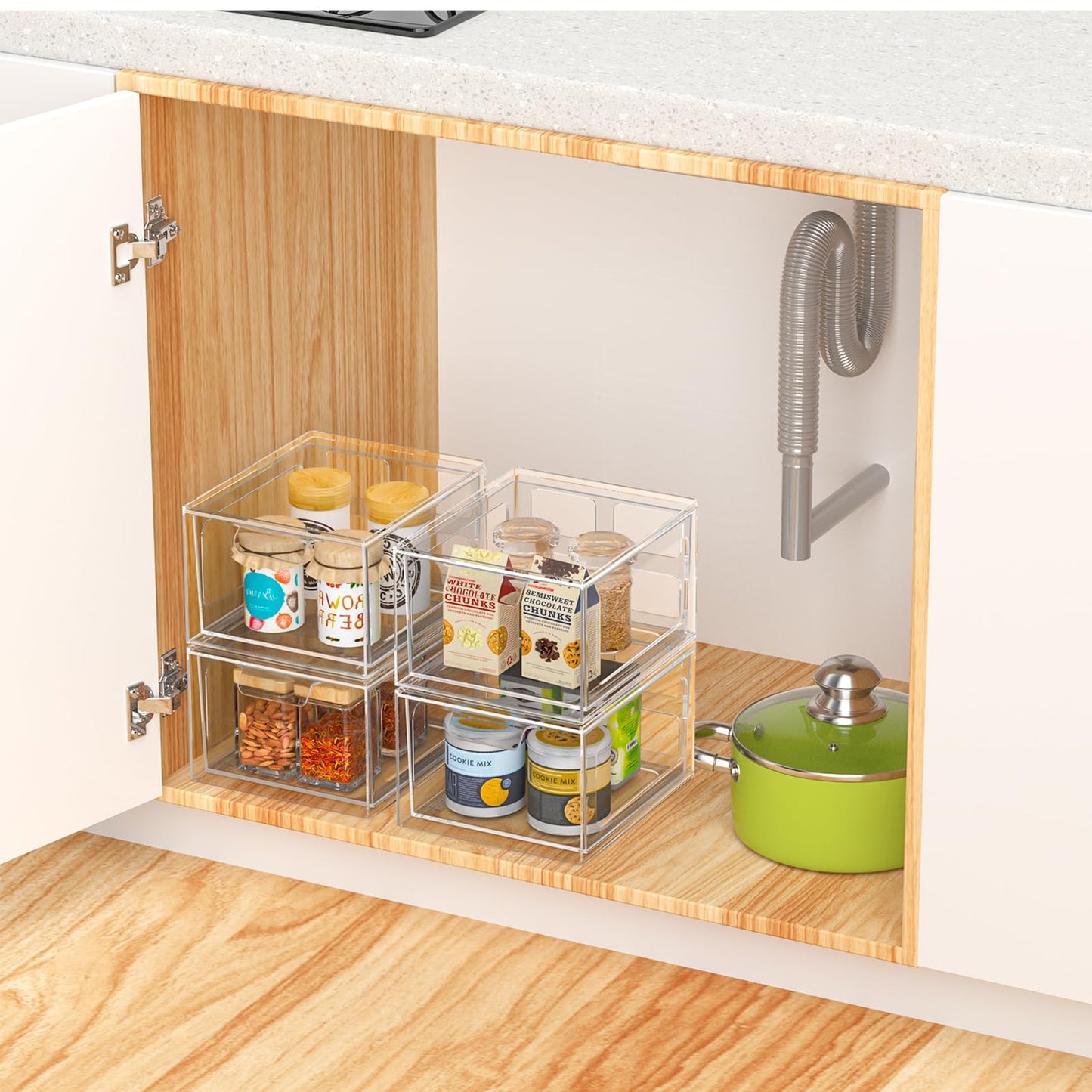 SpaceHacks 6 Pack Stackable Plastic Makeup Organizer Drawers, Acrylic Organizers, Clear Storage Bins with Pull-Out Handles for Vanity, Kitchen Cabinets, Pantry