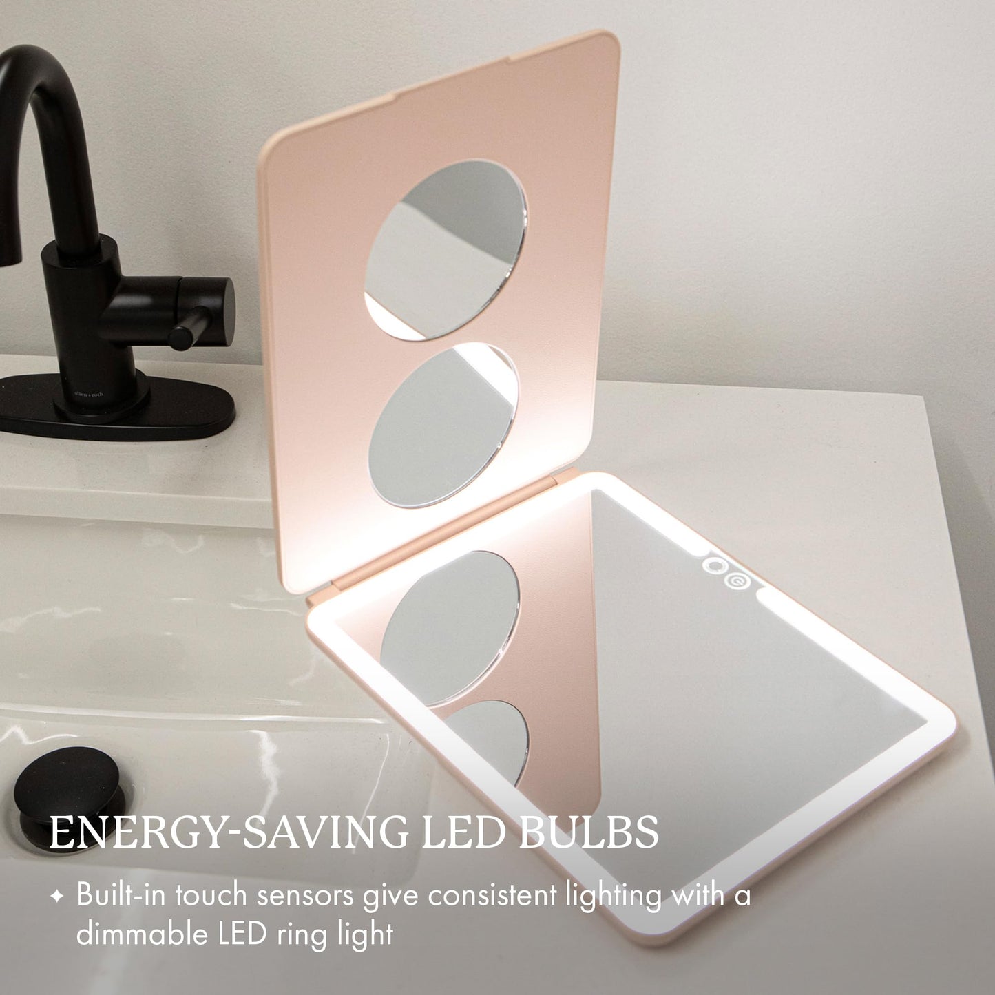 Vanity Planet Handheld Makeup Mirror with Lights, Pose 2.0 (Blush) - Light Up Travel LED Mirror with 3X & 5X Magnification - Dimmable Lighting & Micro-USB Rechargeable Lighted Compact Mirror