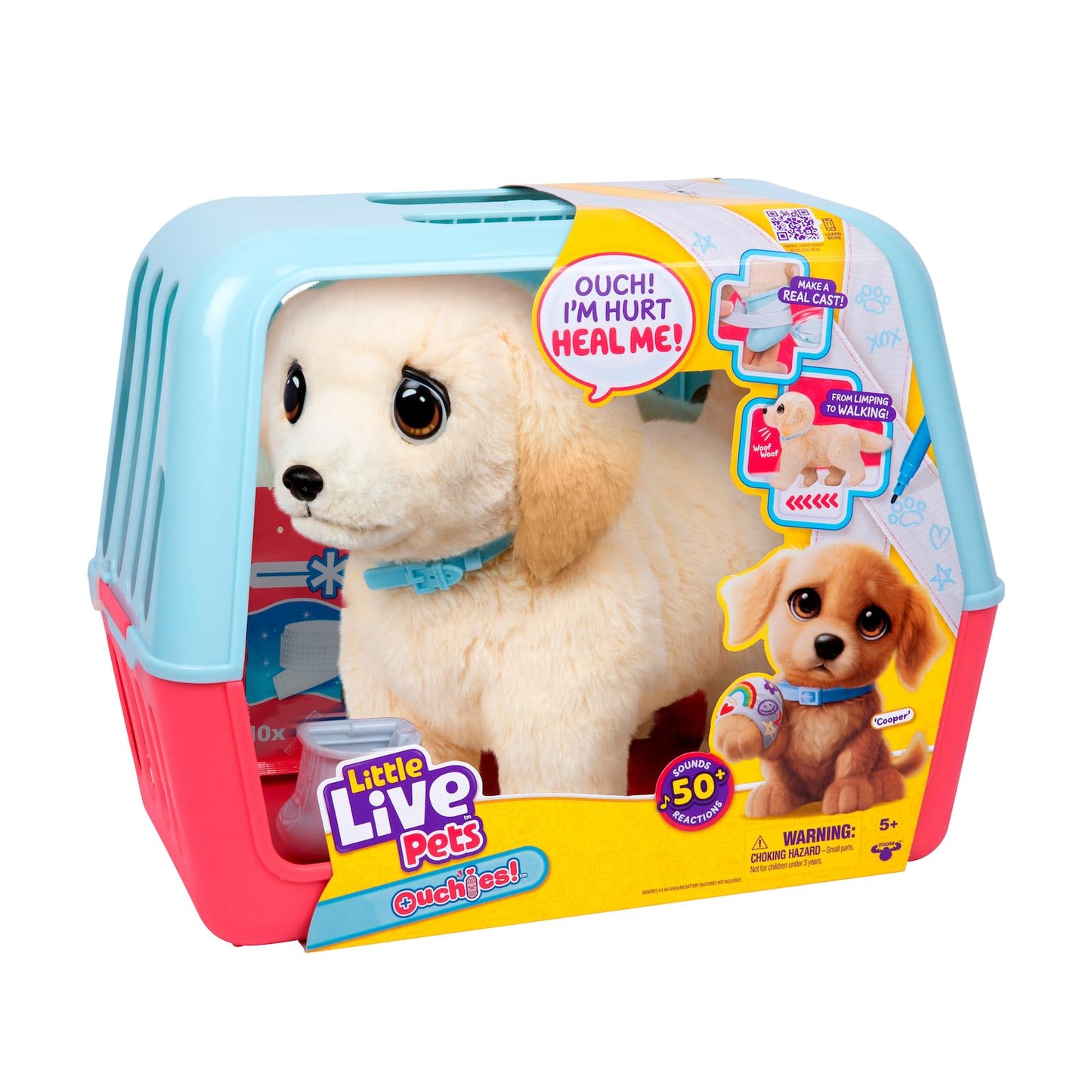 Little Live Pets Ouchies - Cooper The Retriever Puppy|Transform from Injured to Healed Like a Vet. Make a Real Cast. Walking Puppy with Carrier (35cm/13.8in Tall). Repeat Play. 50+ Sounds & Reactions