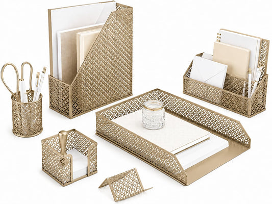 BLU MONACO | Gold Desk Organizer Set with Mail Sorter, Sticky Note Holder, Pen Cup, Magazine Holder, Letter Tray & Business Card Holder | Stylish Desk Accessories for Women & Home Office Décor