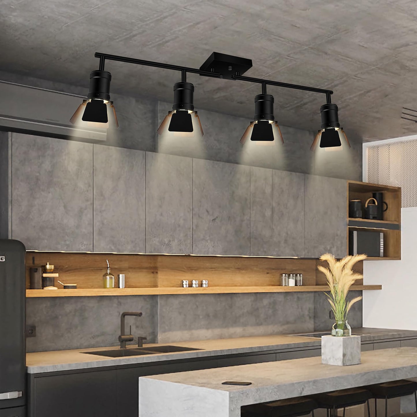 Bricosmocon 4 Light Track Lighting Fixtures Ceiling, Black Track Lighting with Rotatable Heads, Vintage Industrial Ceiling Spotlight Light for Kitchen/Living Room/Bedroom,GU10 Bulb Not Included
