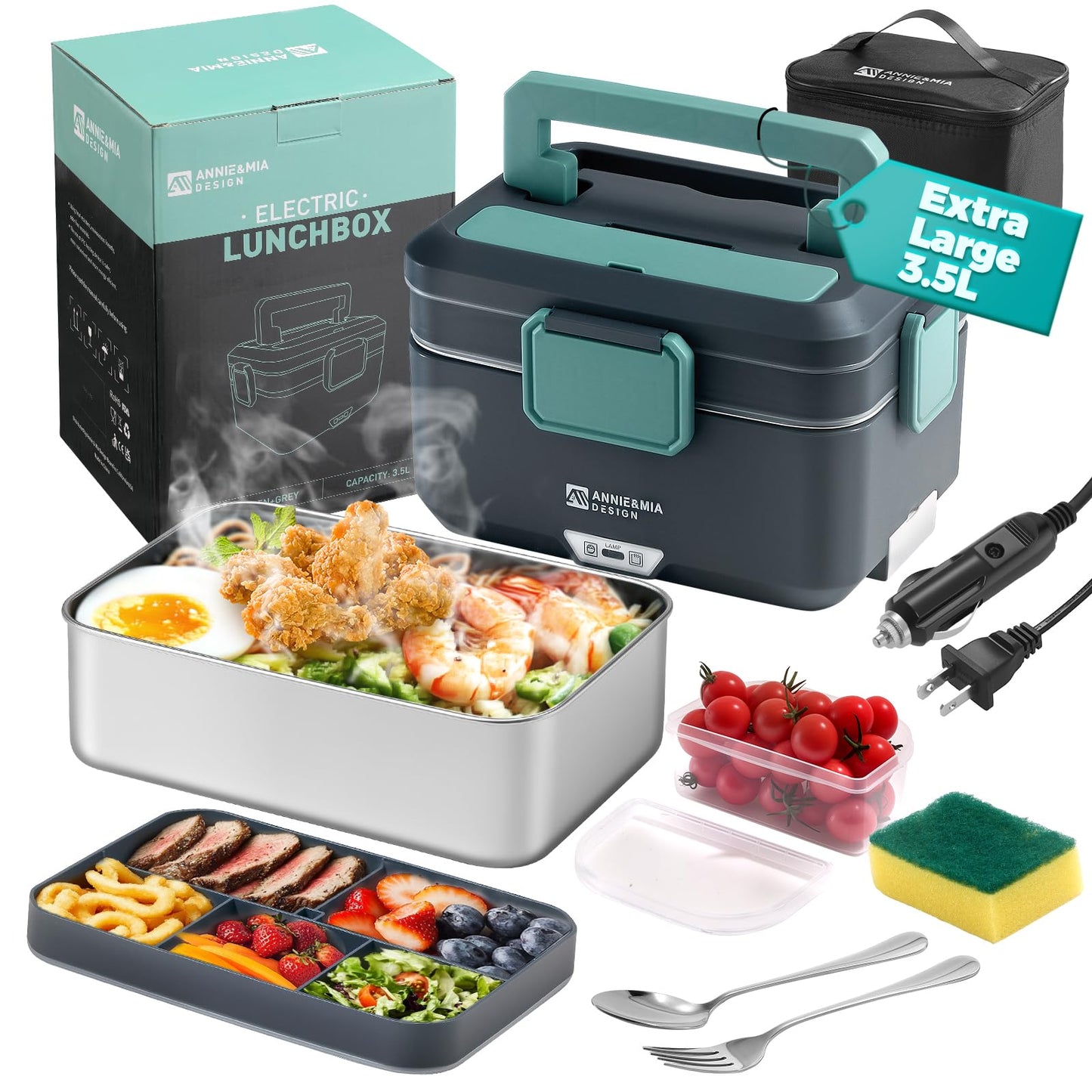 Annie & Mia Design Electric Lunch Box for Adults, 100w 3.5L 2-Layer Portable Food Warmer, Dual Mode 2.5L + 1L Heated Lunch Box for Adults, Home/Car/Office/Truck Use, Lonchera Eléctrica Portátil