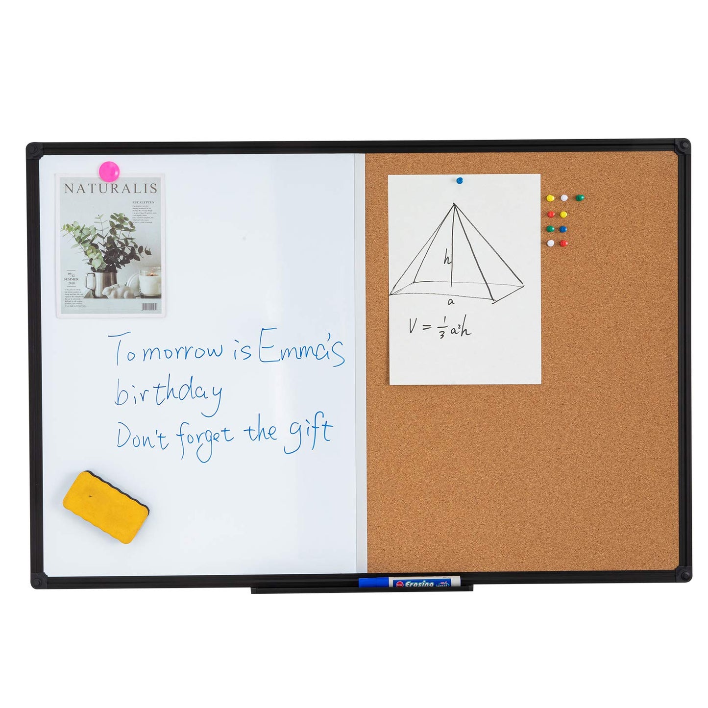 DexBoard 36 x 24 Inch Cork & Dry Erase Combo Board - Magnetic Whiteboard & Bulletin Board Combination - Hanging or Wall-Mounted for Office, Classroom, Home - Black Aluminum Frame