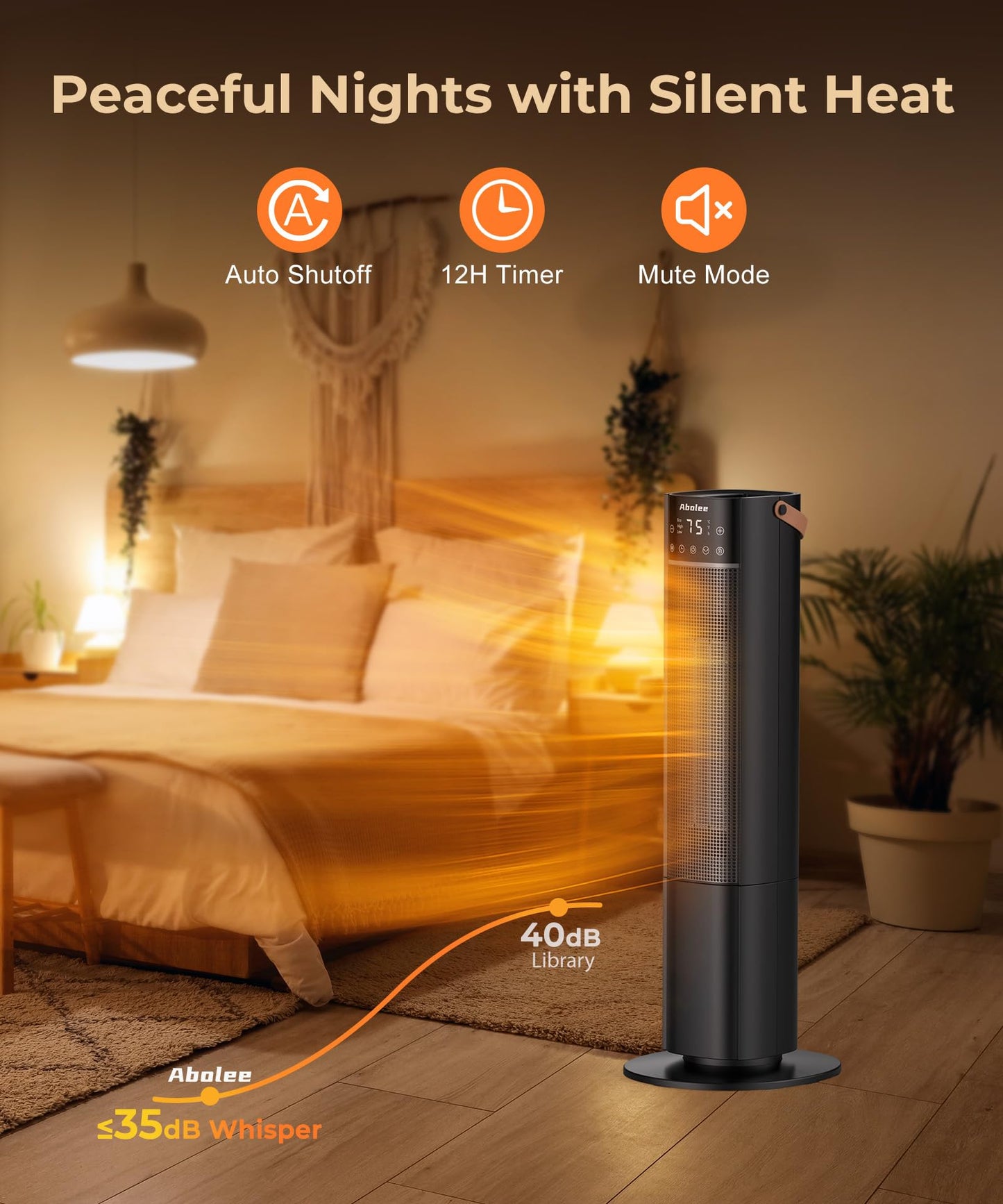 Abolee Space Heaters Indoor Use, 26" 12ft/s Electric Heater with Remote, 1500W Tower Heater with 75°Oscillation, 1-12H Timer, PTC Electric Heater for Large Room, Bedroom Home Office