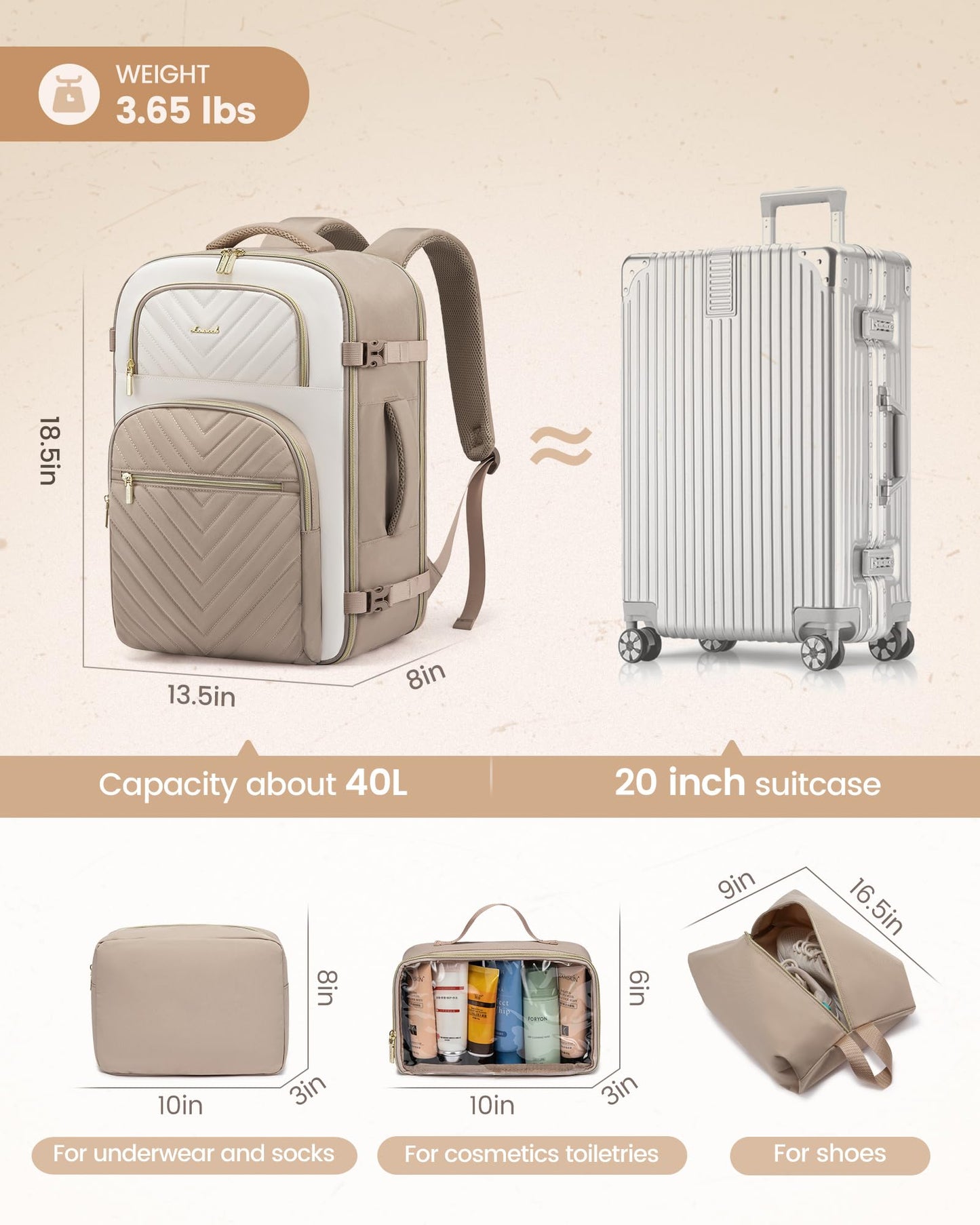 LOVEVOOK Travel Backpack Carry on Flight Approved 40L,Waterproof TSA Travel Essentials Personal Item Backpack for Women Men,Large Carry on Luggage Suitcase Travel Bag for Airplane with 3 Packing Cubes