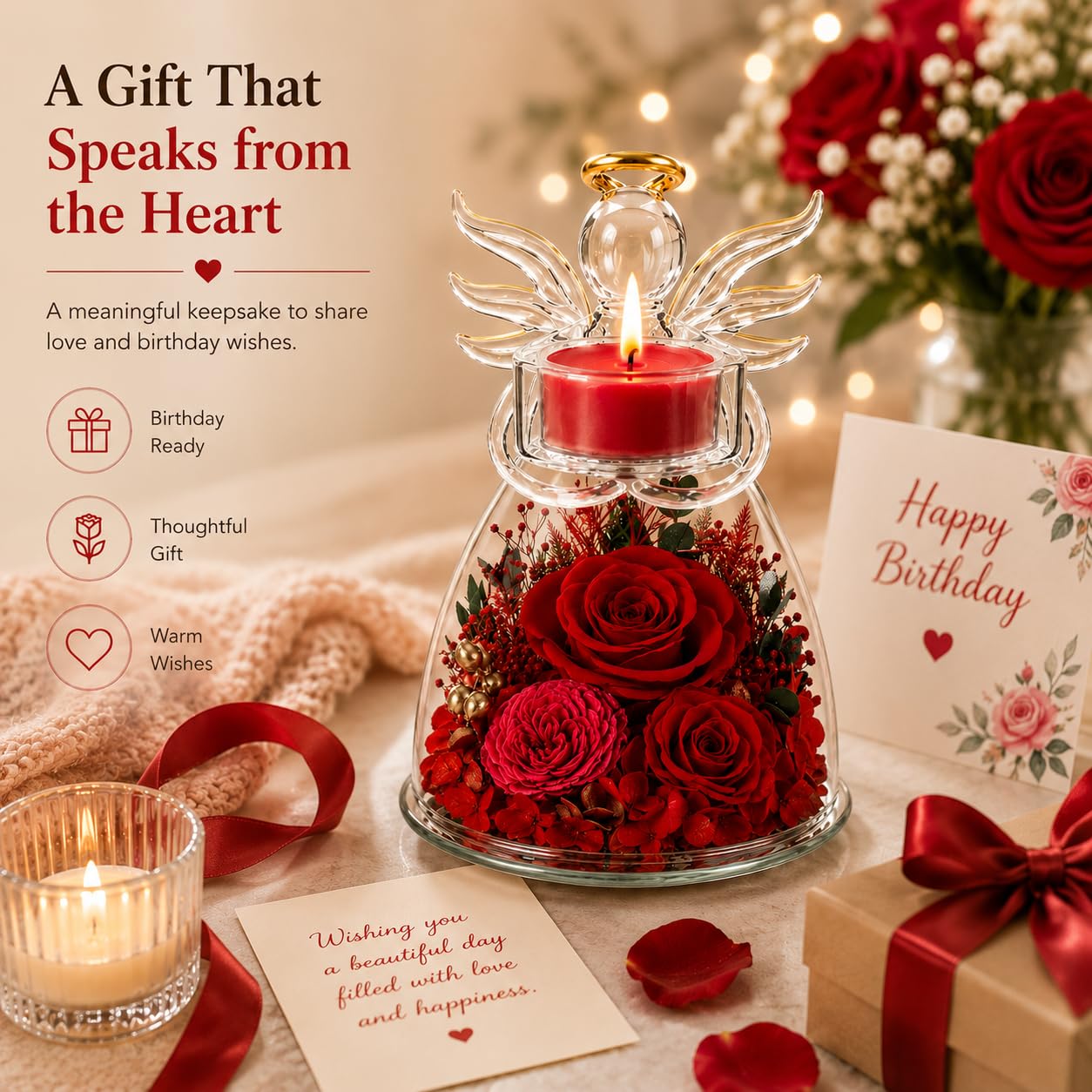 Agrul Birthday Gifts for Wife Girlfriend Women, Preserved Red Rose in Glass Angel Candle Holder, Romantic for Her, Forever Flower Home Decor