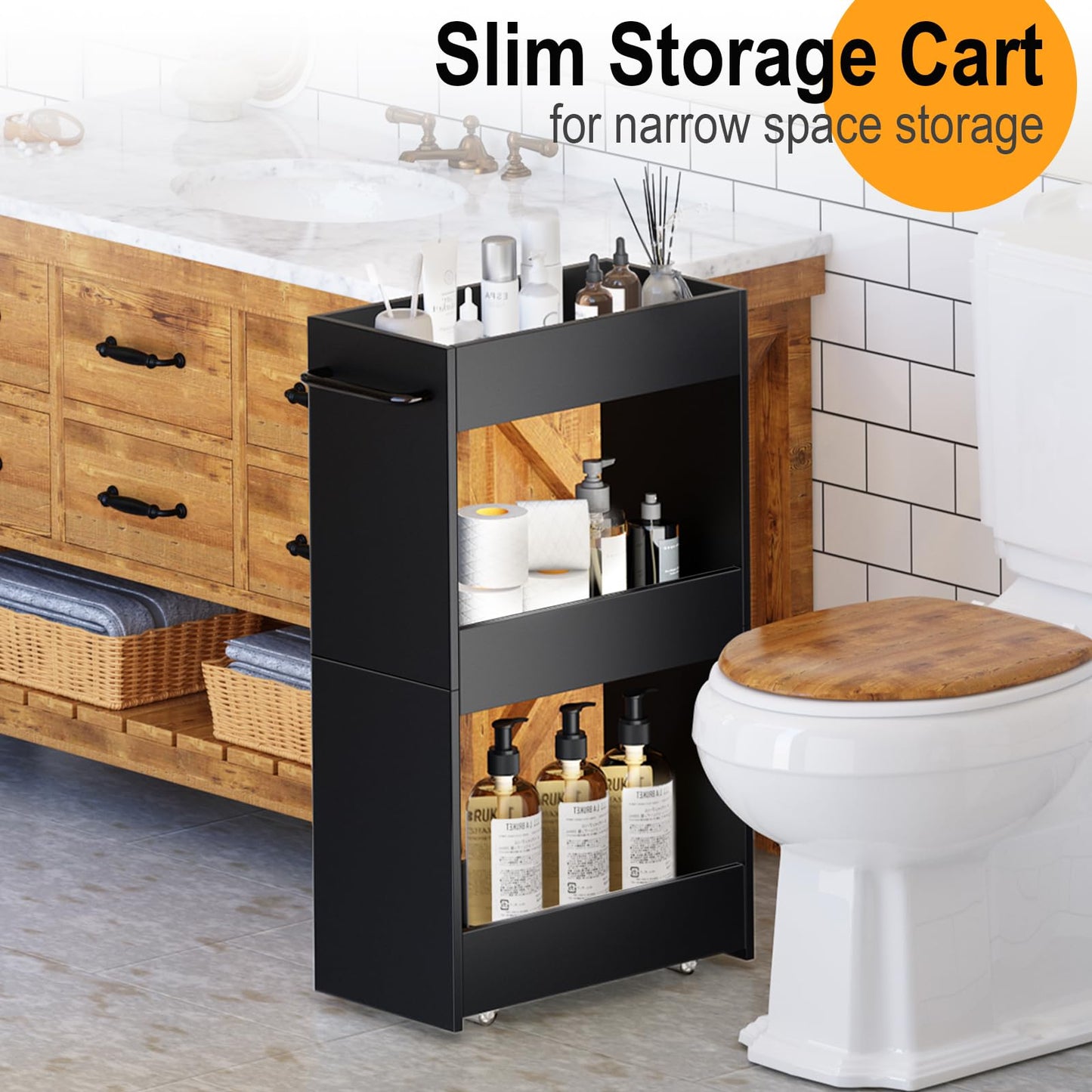 MARTY Wood Rolling Storage Cart 7.9" W, 3 Tier Slim Utility Kitchen Cart on Wheels Laundry Room Bathroom Organizers Narrow Shelves with Handle Mobile Shelving Unit for Small Places, Black