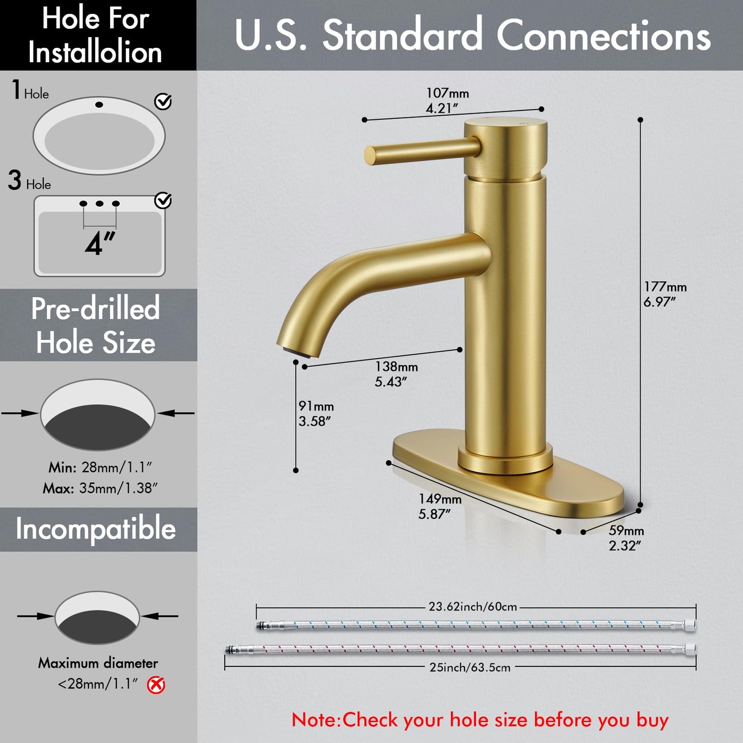 Gold Bathroom Faucet, WINKEAR Single Hole Bathroom Faucet with Pop-up Drain and Flexible Hoses, Single Handle for Sink, Vanity, RV, Modern Farmhouse, Suitable for 1 Hole or 3 Hole