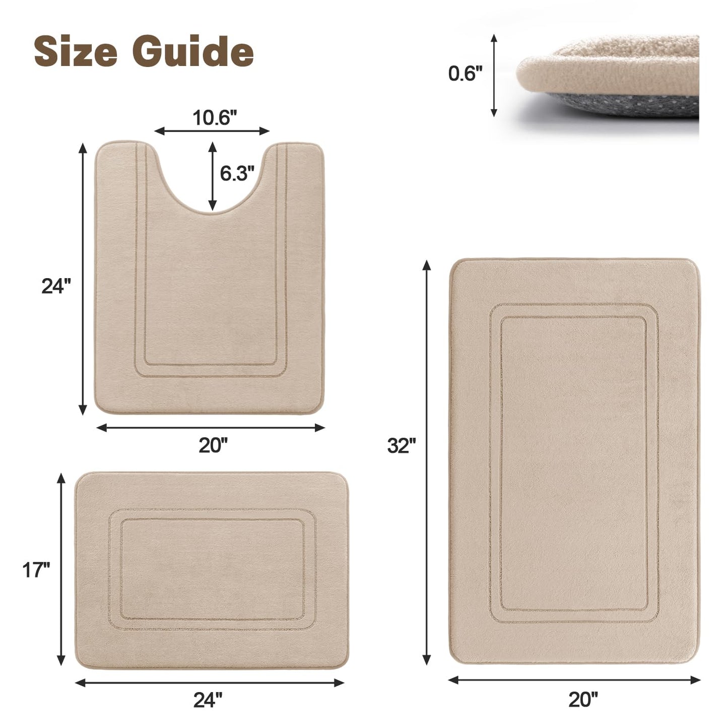 YIHOUSE Memory Foam Bath Mat Set, Bathroom Rugs Sets 3 Pieces, Non Slip Bath Mats for Bathroom, Super Soft and Water Absorbent Bath Rug Set, Machine Washable U Shape Toilet Rug,Beige
