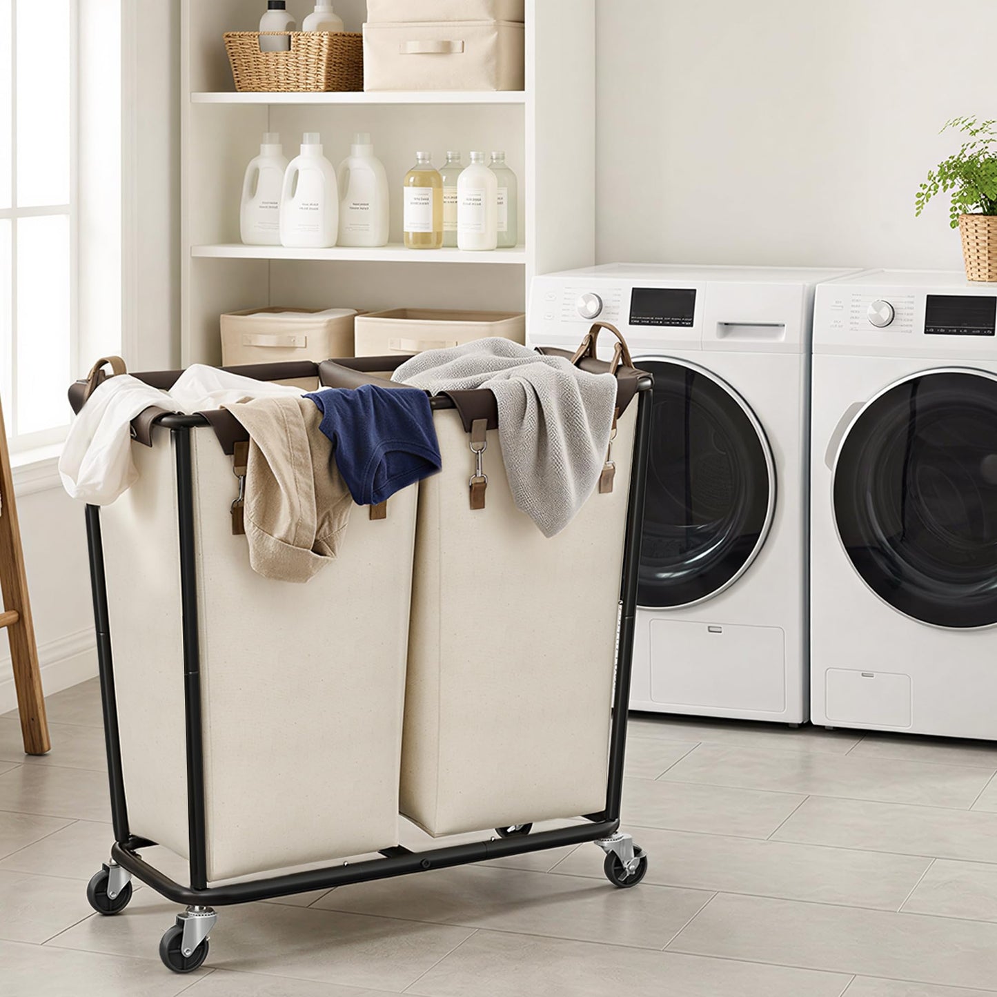 StorageWorks 280L Large Laundry Hamper with Wheels, Laundry Basket with Wheels 2 Sections, Clothes Sorter Cart with Divider for Hotel, Home, Beige, 1-Pack