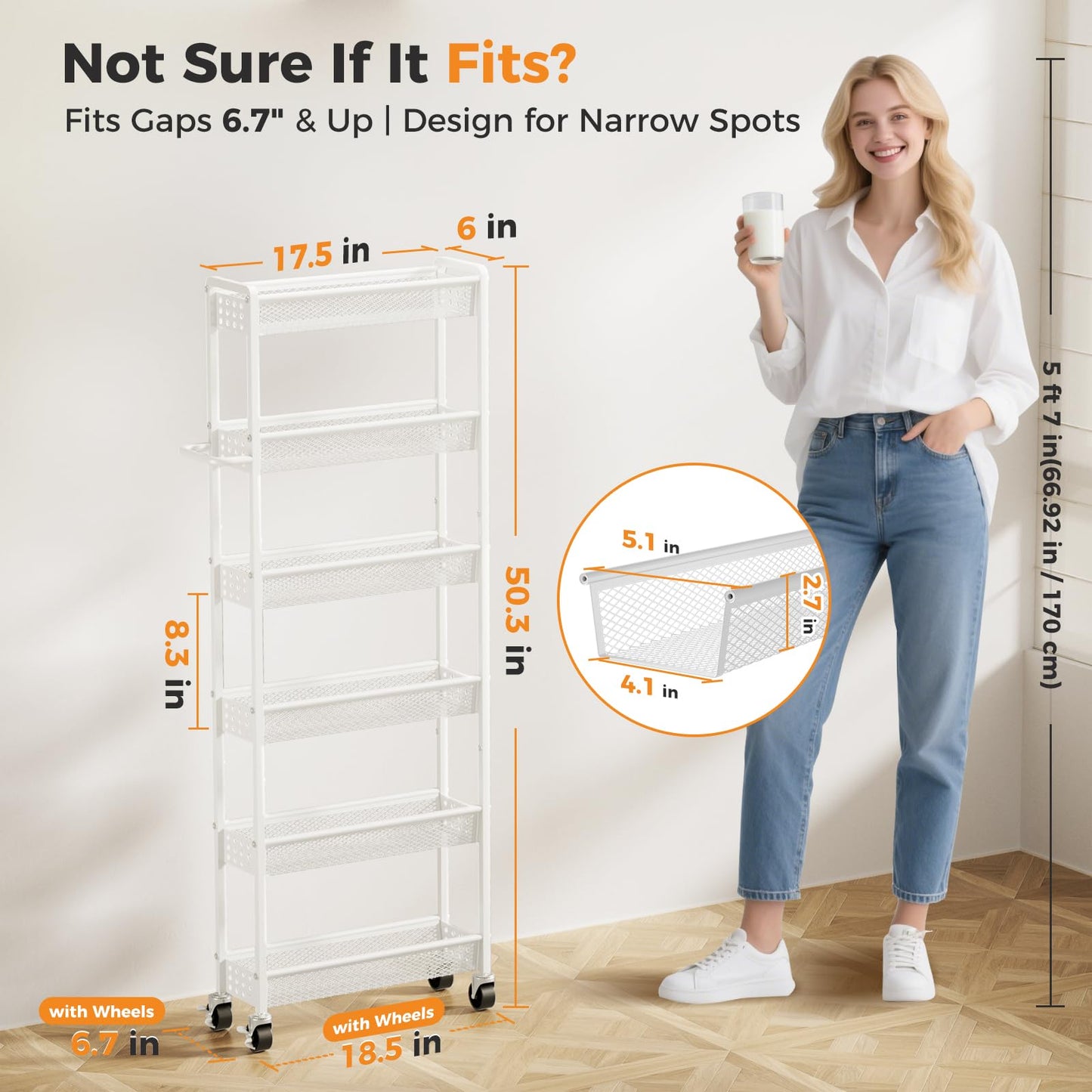 Xpatee 6 Tier Slim Storage Cart with Wheels, 6" D Rolling Storage Cart for Small Space, Metal Narrow Spice Cabinet Mobile Shelving Unit Organizer with Handle for Kitchen, Laundry - White