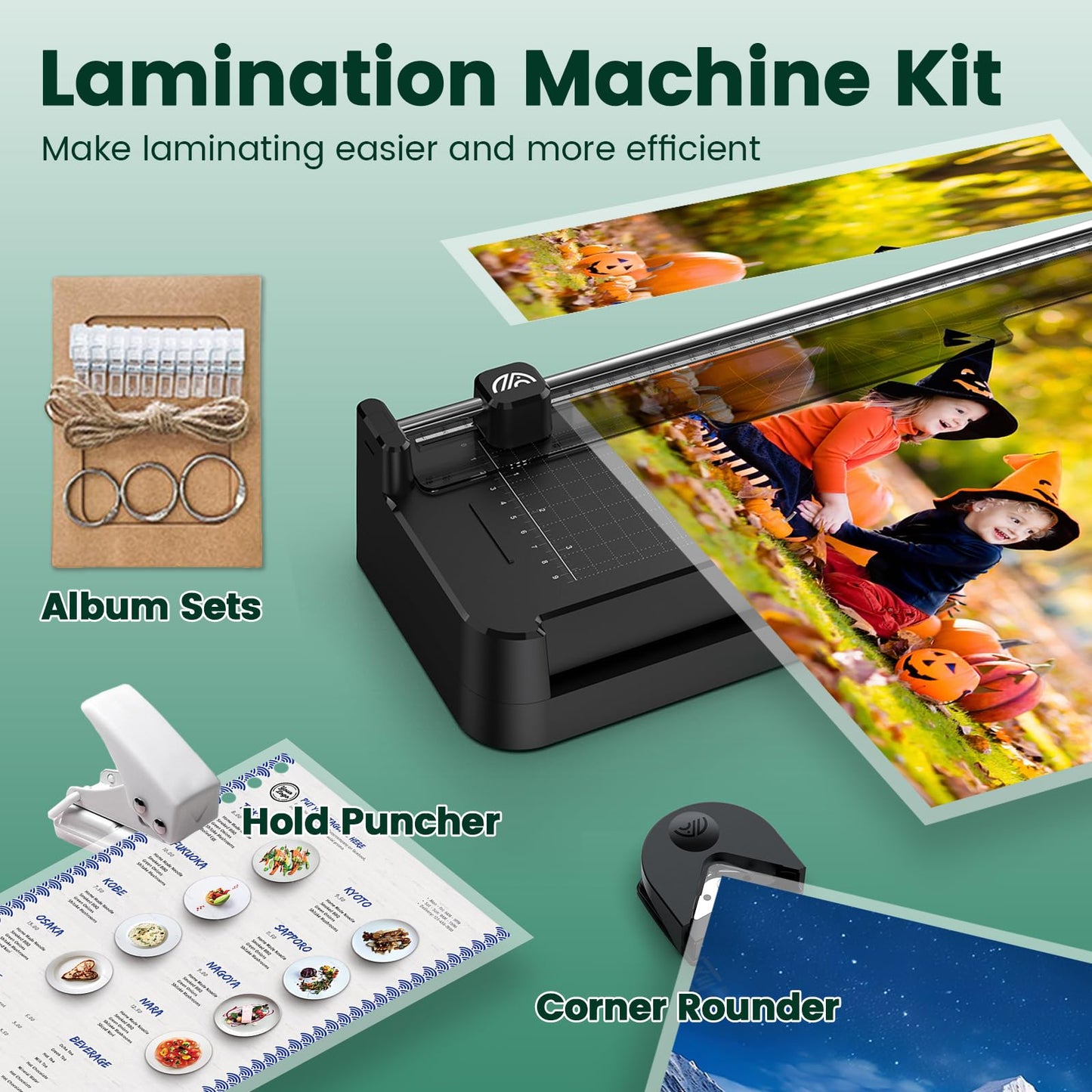 Laminator Machine with 50pcs Laminating Pouches Sheets, 9 in 1 Laminator 13-inch Wide Thermal &Cold Machine Built-in Paper Trimmer Corner Rounder Hole Punch for Home Office School (Black)