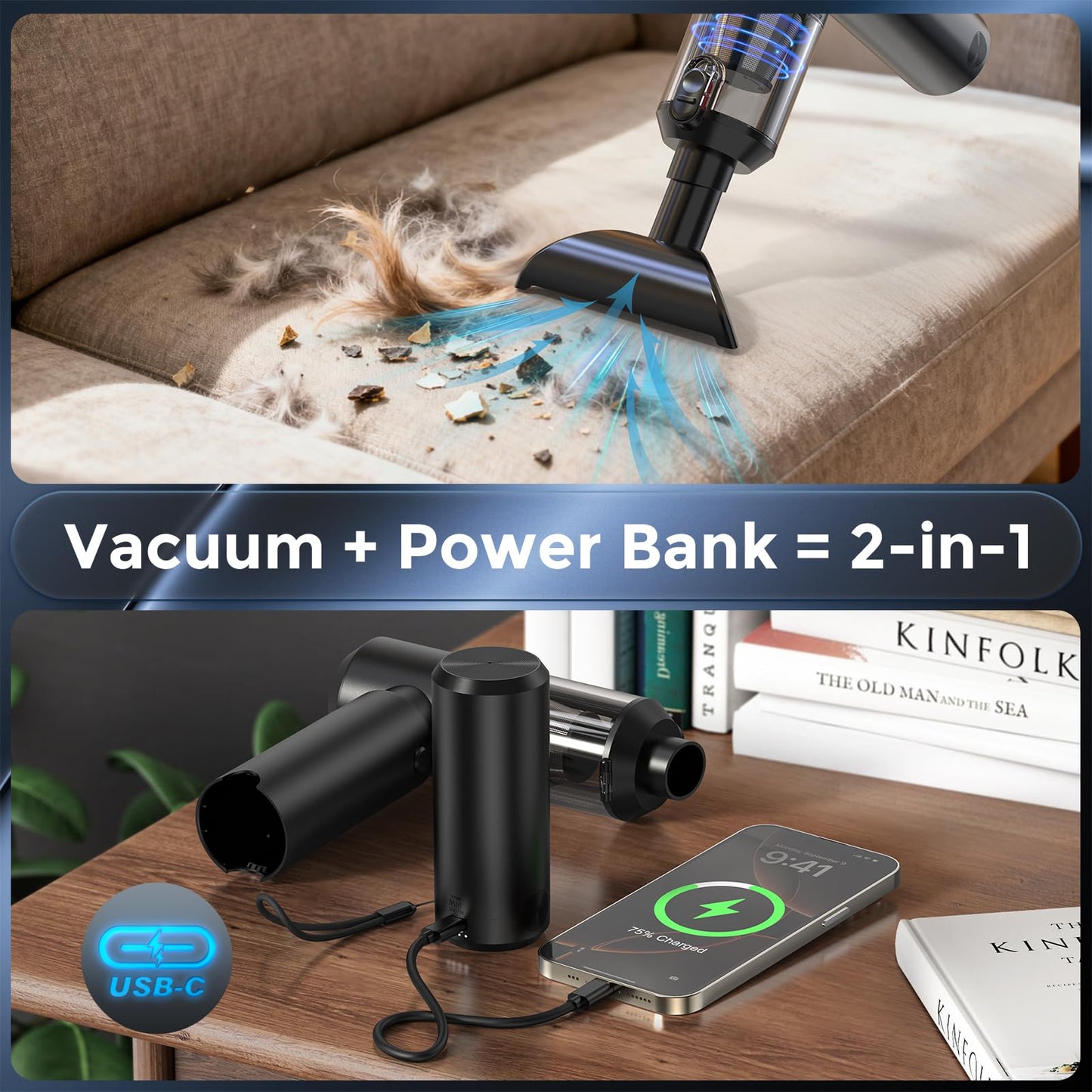 TURNRISE Cordless Handheld Vacuum with 6000mAh Power Bank & LED Light – 3-in-1 Car Vacuum, Air Blower & Phone Charger, 20,000Pa Strong Suction, 1lb Mini Vacuum for Car, Home, Pet Hair & Travel