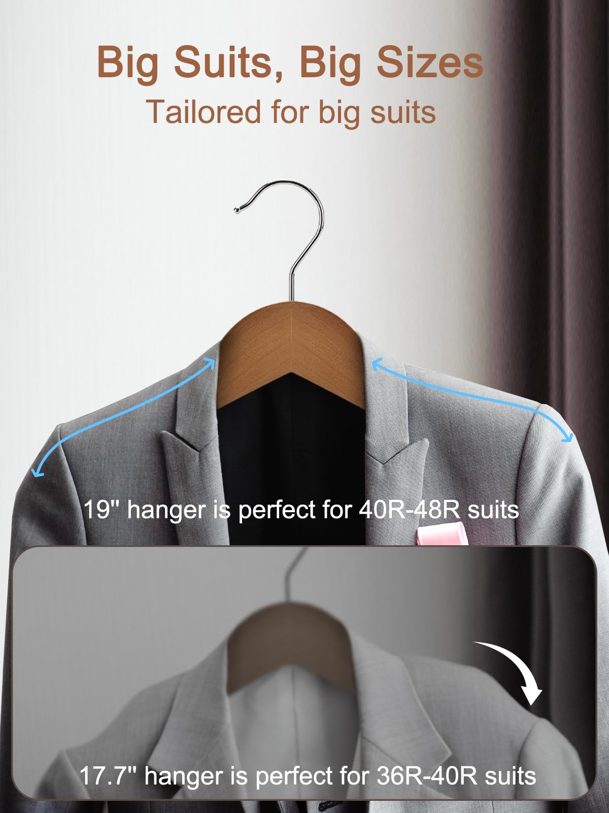 HOUSE DAY 19'' Extra Wide Shoulder Wooden Hangers 6 Pack, Premium Large Wood Suit Hangers with Non Slip Pant Holder, Wide Shoulder Hangers for Suits, Coats, Jackets, Heavy Wide Clothes Hanger, Walnut