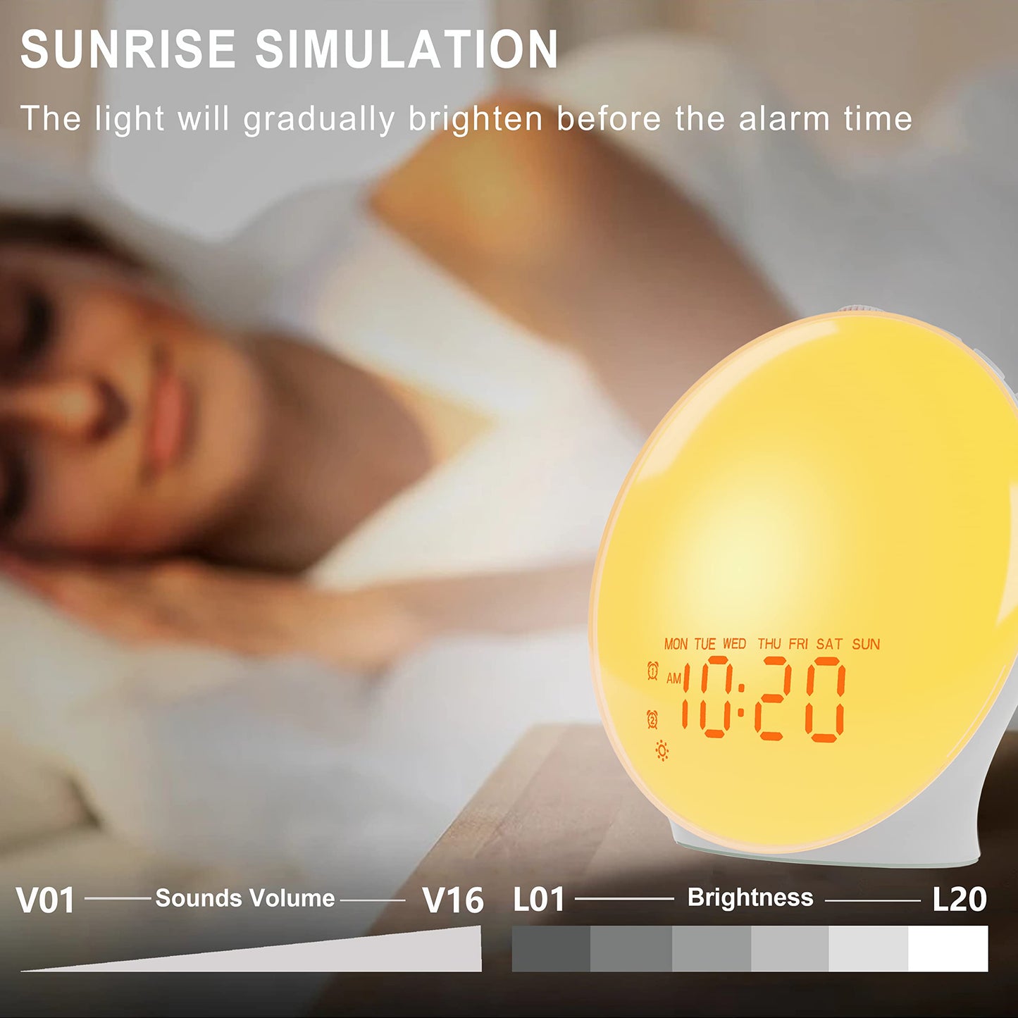 Wake Up Light Sunrise Alarm Clock for Bedroom, 17 Nihgtlights, Sound Machine with 5W Bluetooth Speaker, 25 Soothing Sounds, SleepTimer, Dual Alarms, FM Radio, Ideal Gift for Baby, Kids, Adults, Senior