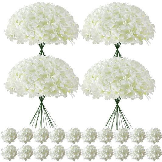 Cherica 100 Pcs Faux White Hydrangea Artificial Flowers Bulk, Fake Silk Hydrangea Flowers Heads with Stems for Wedding Decorations Garden Party Baby Shower Porch Home Decor Table Centerpieces