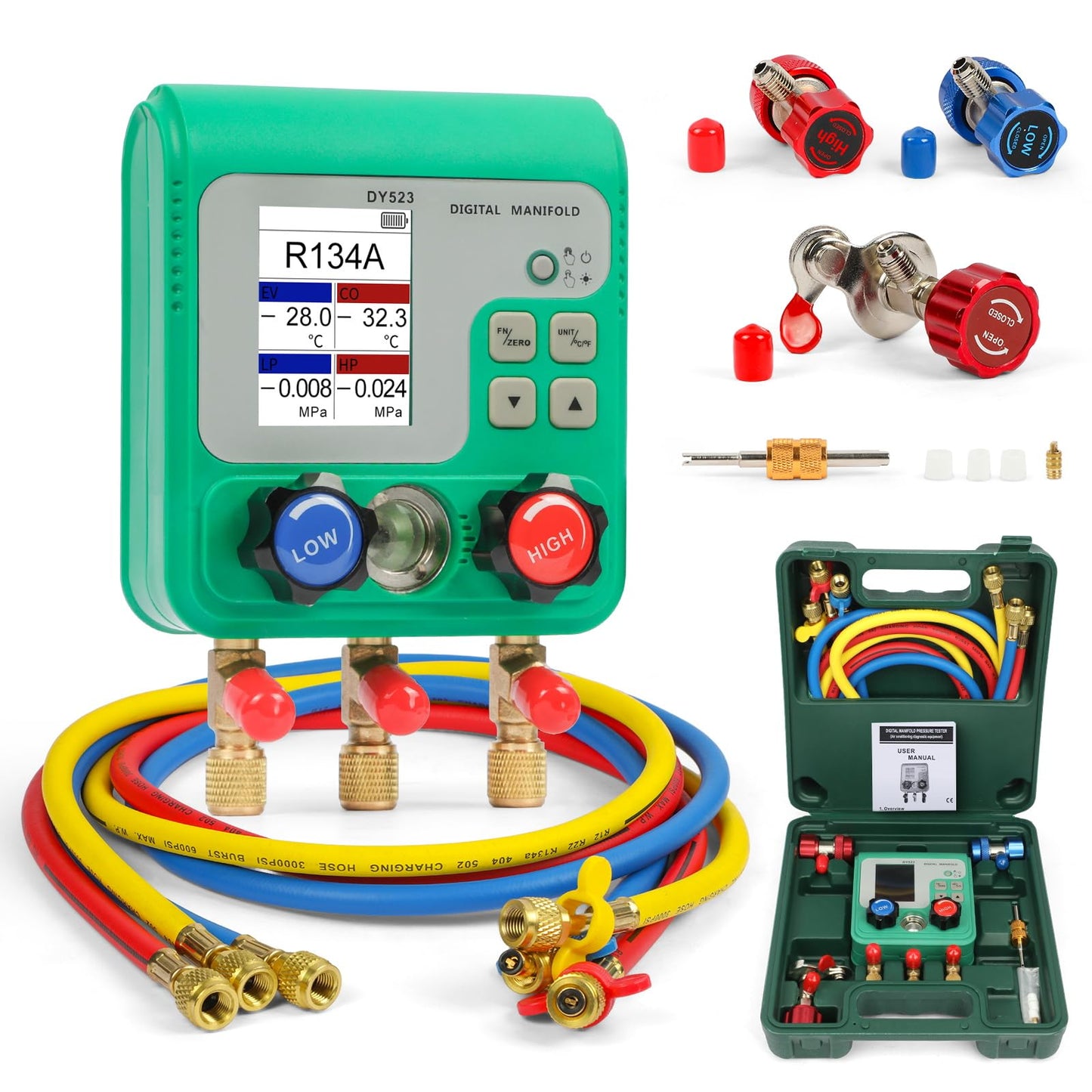 HVAC Gauges, 92 Refrigerant Digital Manifold Gauges HVAC Manifold Gauge Set R134A R410A Gauges AC Gauges Kit with Hose Digital Refrigerant Gauge Pressure Vacuum Test with 2.4" HD Color Display