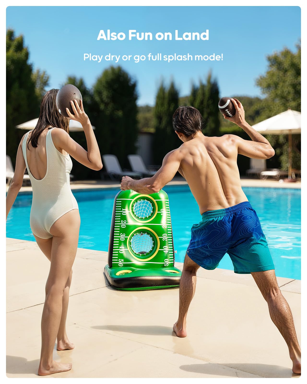 QPAU Inflatable Football Toss Game for Pool – Water Football Target with 4 Balls & 2 Pumps, Dual Net Design, Stable Base, Summer Pool Game for Kids & Adults