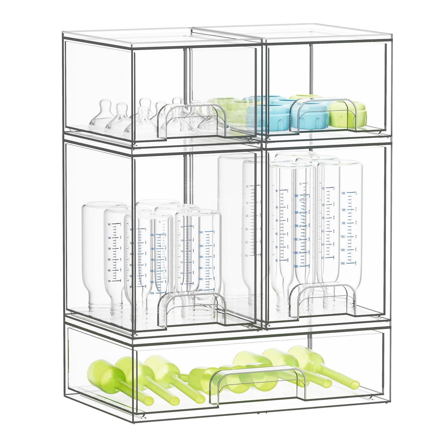 SpaceAid Bottle Storage Organizer Baby - Acrylic Bottles Station Organizer Container, Stackable Clear Drawers for Countertop, Vanity, Bathroom, Cabinet, Pantry Organization, 5 Pack, 2S2M1L, 15.4" H