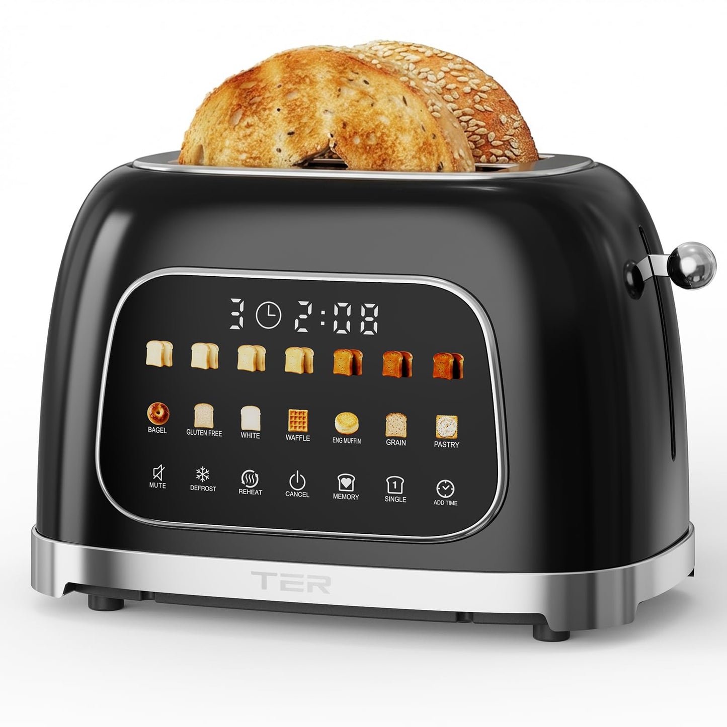 Toaster 2 Slice, Touch Screen Wide Slot Retro Toaster for Bagel & Thick Breads, Stainless Steel Smart Digital Toasters, 7 Bread Modes & 7 Browning Levels, Mute Mode, Memory, Defrost & Reheat, Black