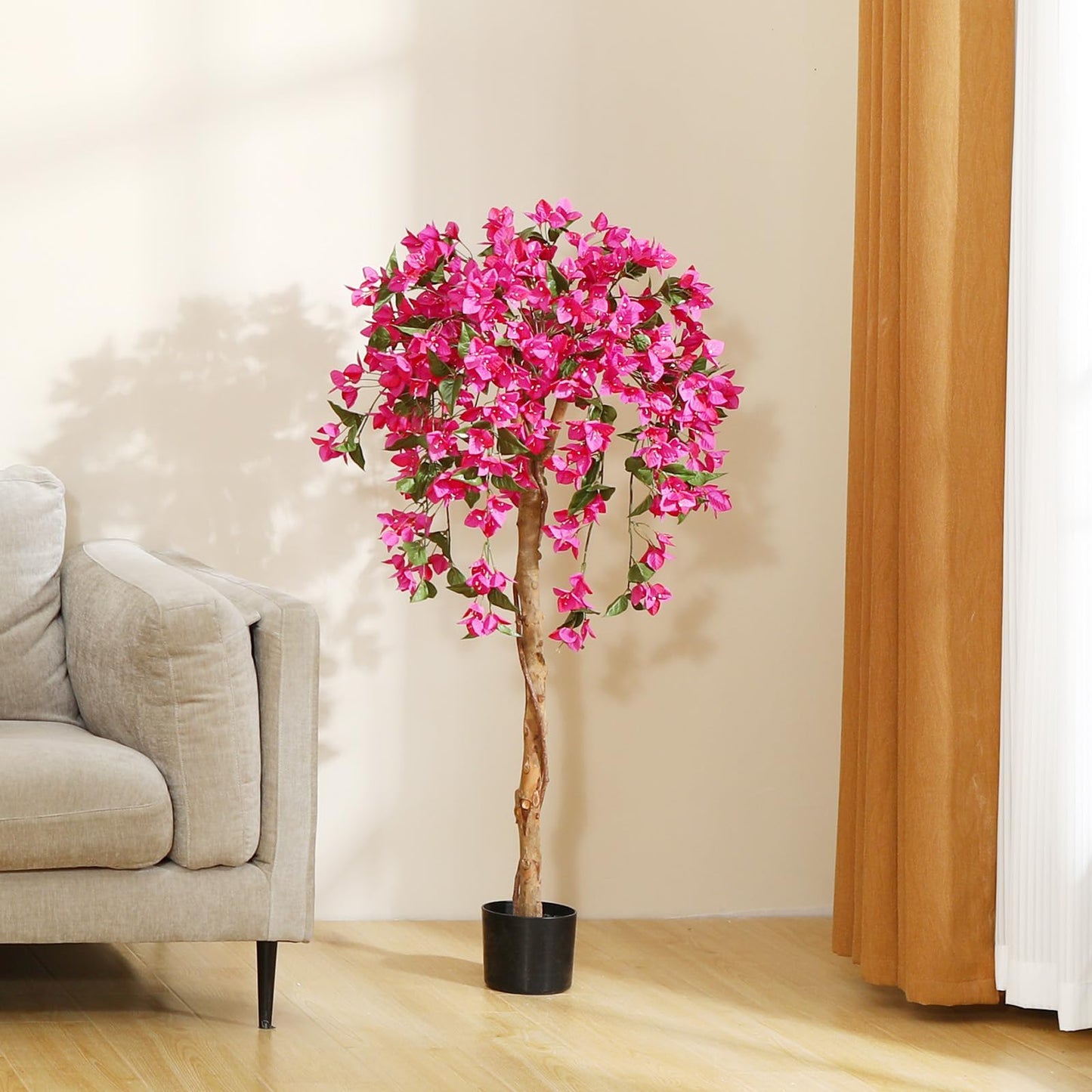 Laiwot 4FT Artificial Tree Tall Potted Fake Bougainvillea Trees for Outdoor Indoor Office Wedding Home Decor Lifelike Faux Plants with Wood Trunk and Pink Flowers